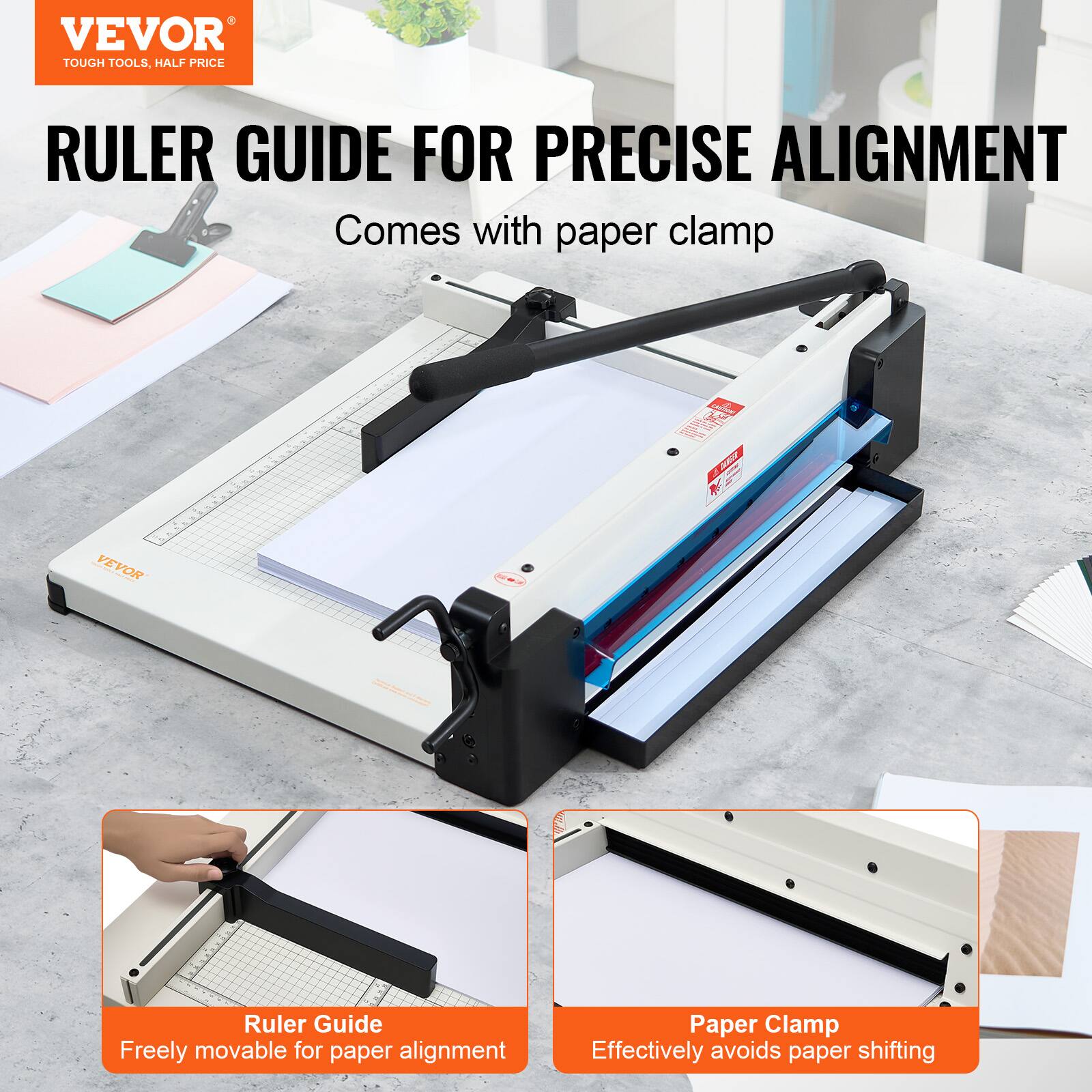 VEVOR  
TOUGH TOOLS, HALF PRICE  

RULER GUIDE FOR PRECISE ALIGNMENT  
Comes with paper clamp  

Ruler Guide  
Freely movable for paper alignment  

Paper Clamp  
Effectively avoids paper shifting