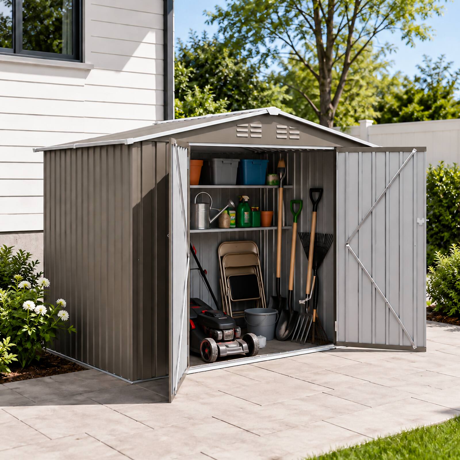 Angle. Loheer - Loheer 8x6 Metal Storage Shed Olive Grey Outdoor Tool House with Lockable Double Doors.