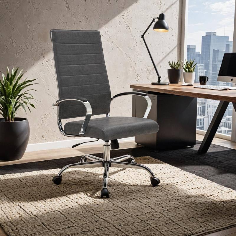 Angle. LeisureMod - Benmar High Back Leather Office Chair with Adjustable Height, Swivel Base, Ergonomic Design Modern Conference Chair - Charcoal.