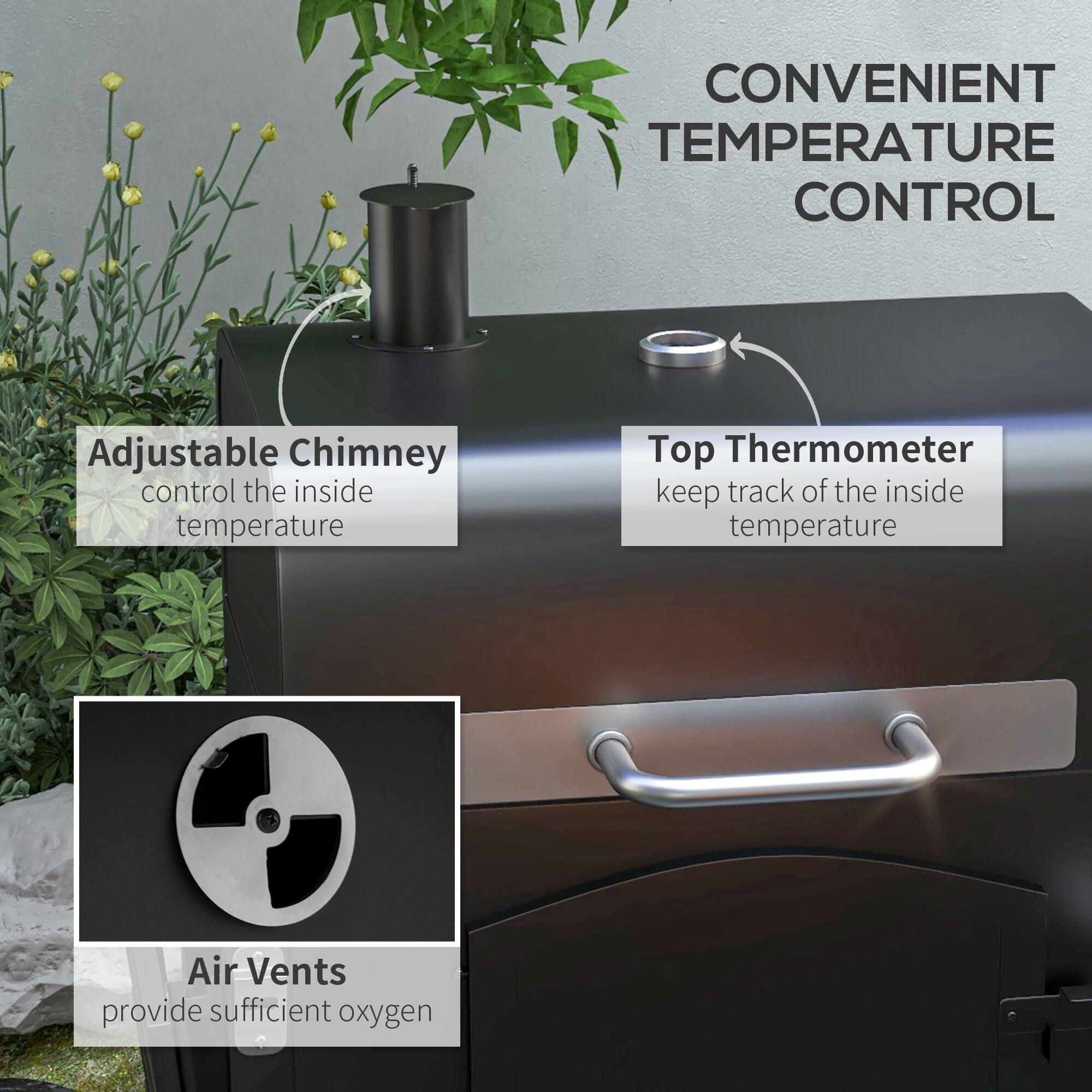 CONVENIENT TEMPERATURE CONTROL

- Adjustable Chimney: control the inside temperature
- Top Thermometer: keep track of the inside temperature
- Air Vents: provide sufficient oxygen