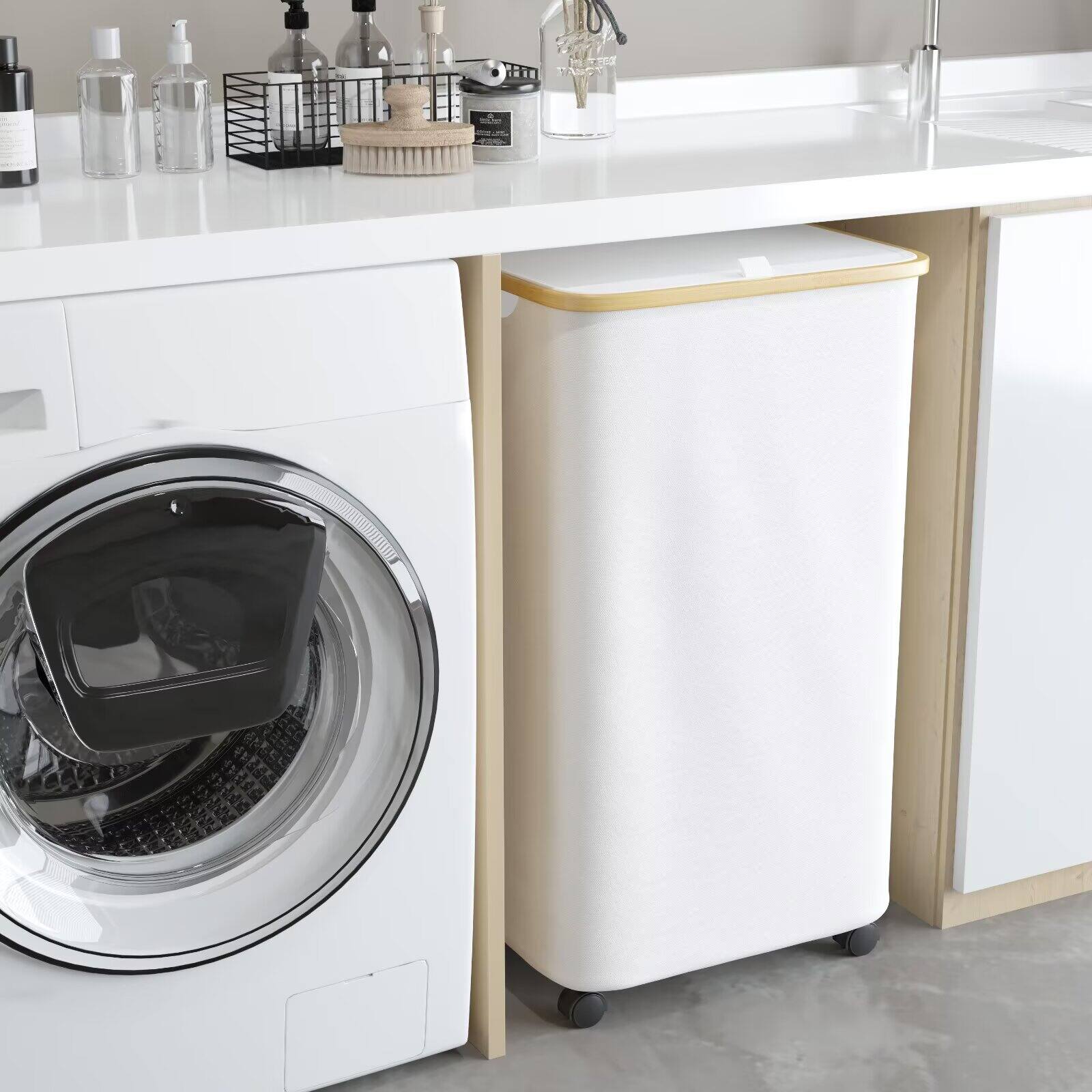 Alt View 1. Tooloton - Rolling Laundry Hamper with Lid, 26 Gallon (100L) Clothes Basket, Bamboo Handle, Large Storage - White - White.