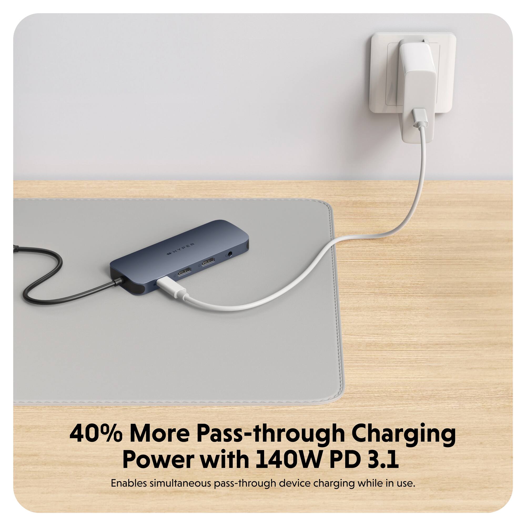 The corrected text is:

"BDER - do 40% More Pass-through Charging Power with 140W PD 3.1. Enables simultaneous pass-through device charging while in use."