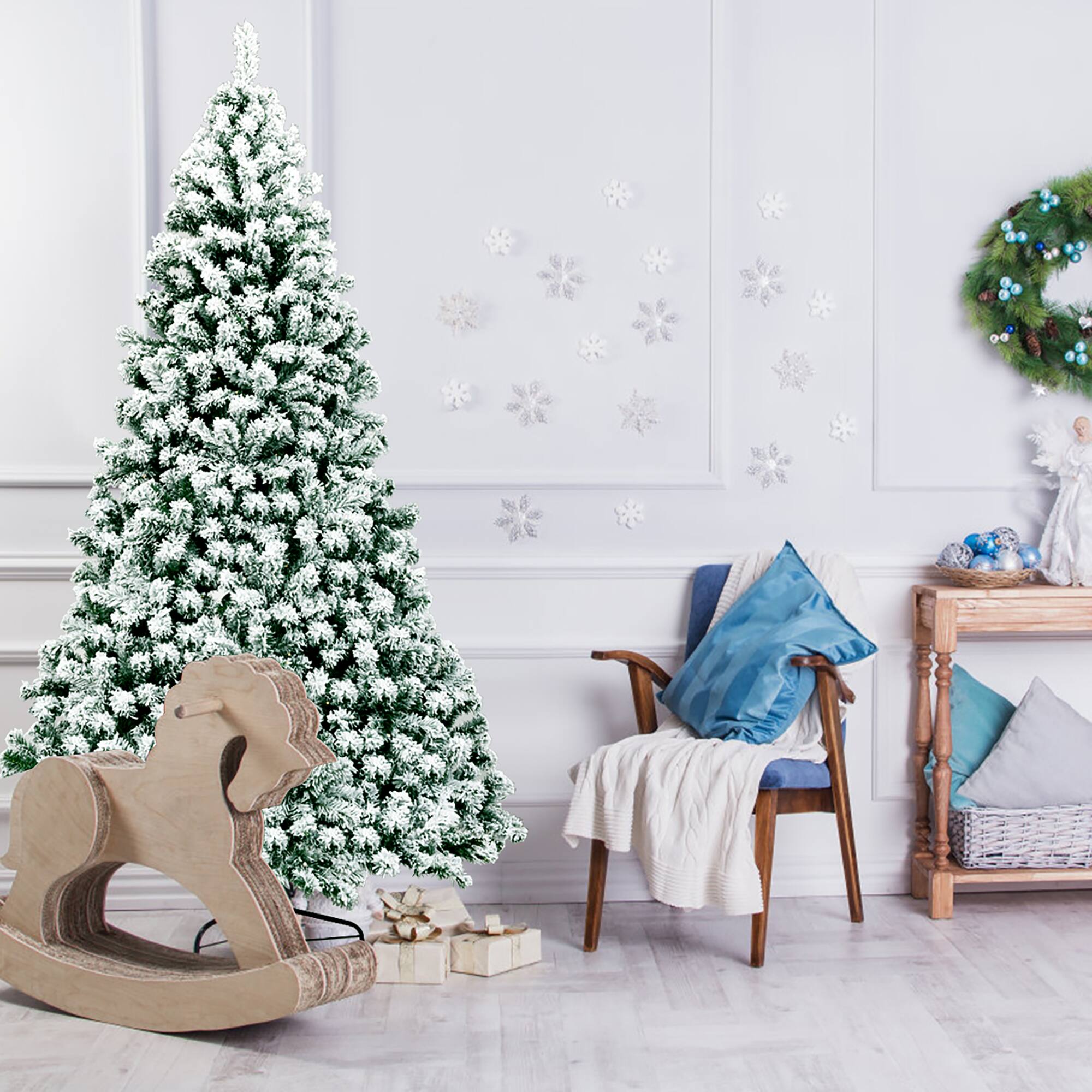 Alt View 13. Costway - 7.5Ft Pre-Lit Premium Snow Flocked Hinged Artificial Christmas Tree w/550 Lights - Green/White.
