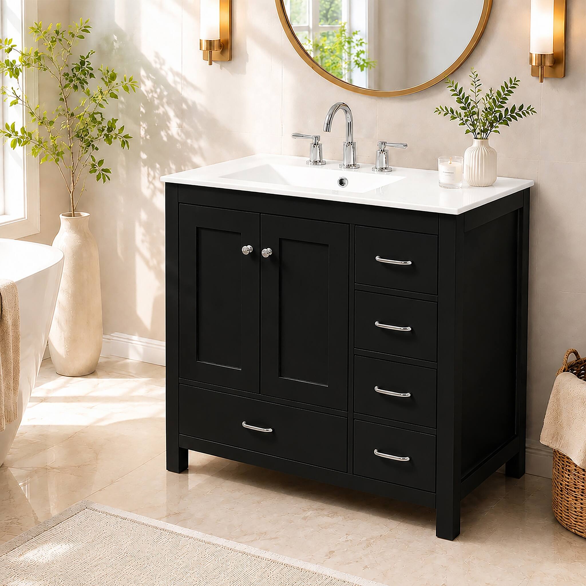 Angle. JUJABU - 36" Black Bathroom Vanity with Ceramic Sink, 2 Soft-close Doors and 5 Drawers - Black.