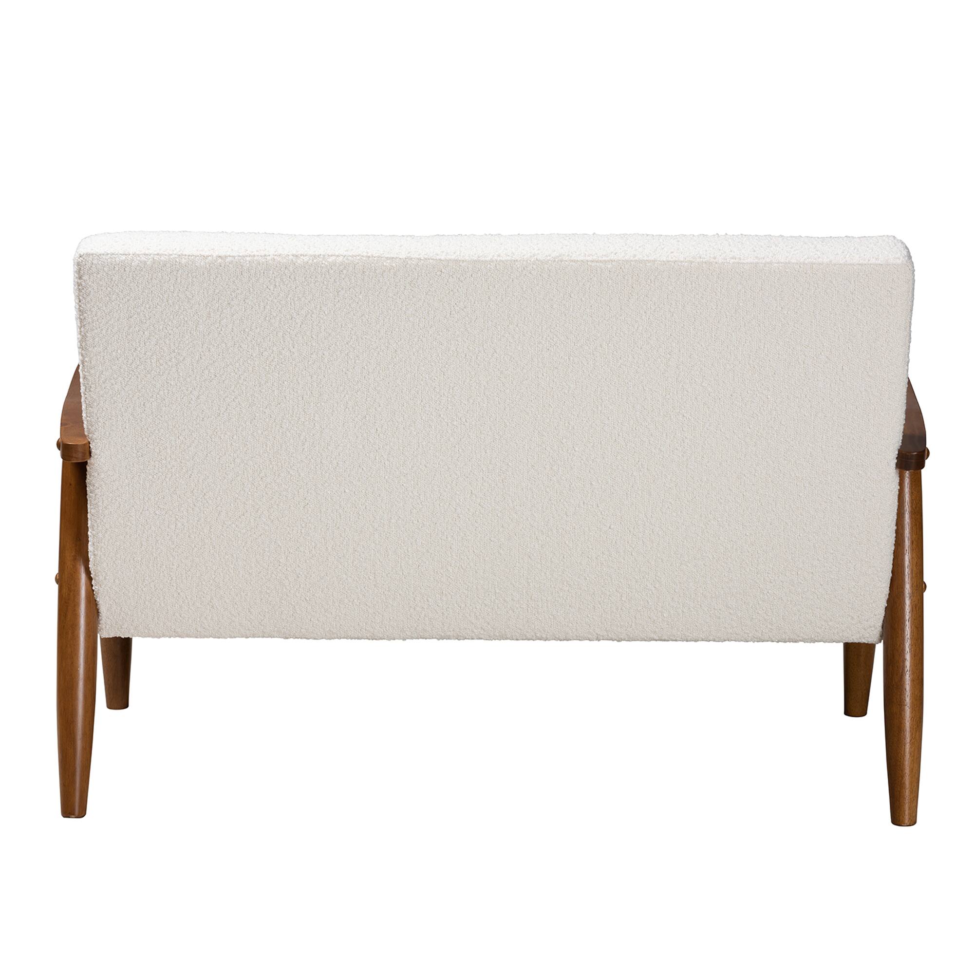 Back. Baxton Studio - Stratton Mid-Century Modern Boucle Fabric and Walnut Finished Wood Loveseat - White/Walnut Brown.