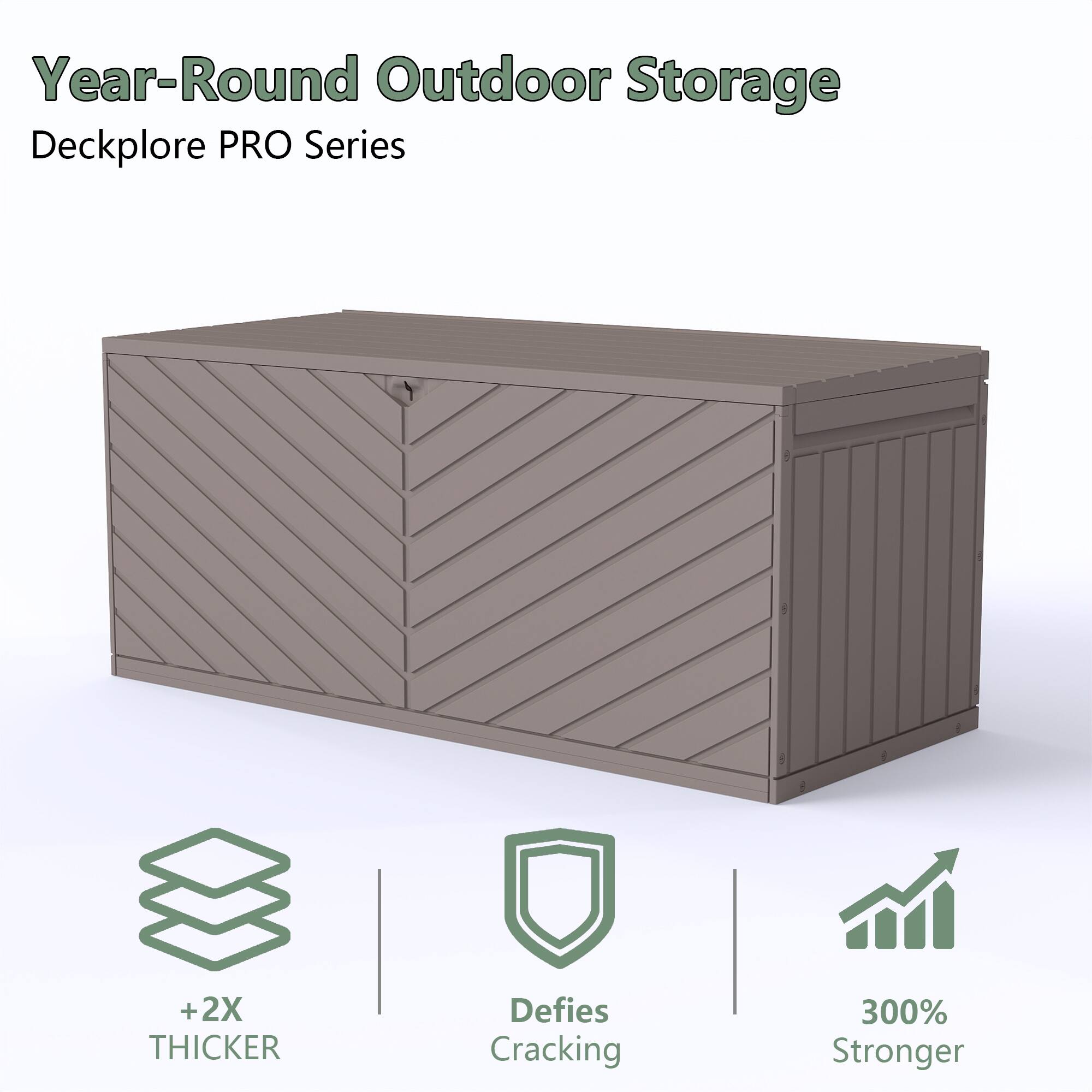 Year-Round Outdoor Storage  
Deckplore PRO Series  
+2X THICKER  
Defies Cracking  
300% Stronger
