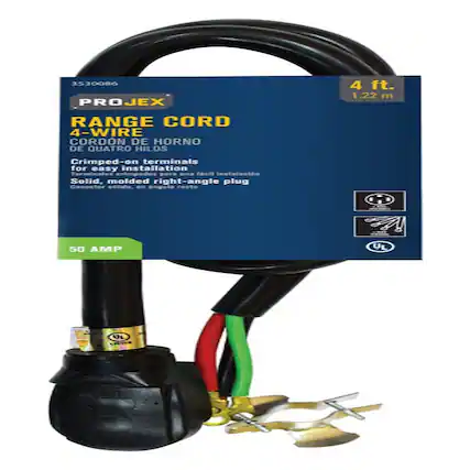3530086
PROJEX
RANGE CORD
4-WIRE
CORDON DE HORNO DE CUATRO HILOS
Crimped-on terminals for easy installation
Solid, molded right-angle plug
50 AMP
4 ft.
1.22 m
UL