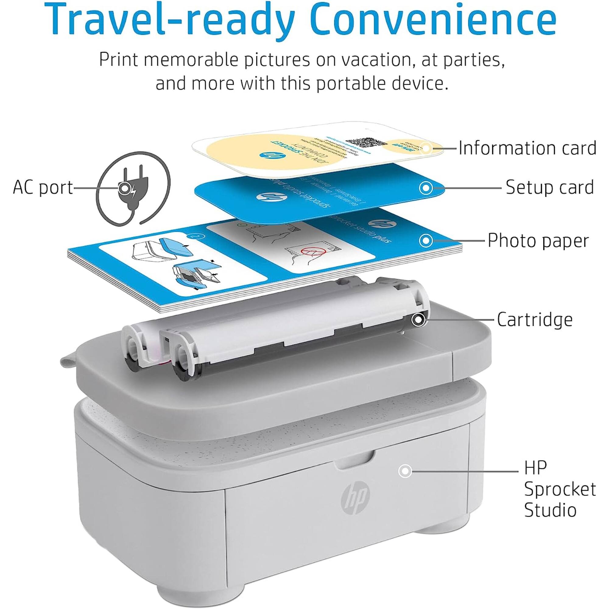 Travel-ready Convenience: Print memorable pictures on vacation, at parties, and more with this portable device. AC port, Information card, Setup card, Photo paper, Cartridge. HP Sprocket Studio.