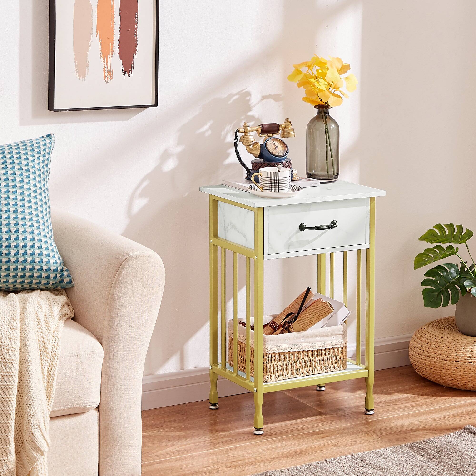 Alt View 1. Vecelo - Set of 2 Industrial Nightstand - Bedside Table with Drawer, Compact End Table with Adjustable Feet, Metal Frame - Glod.