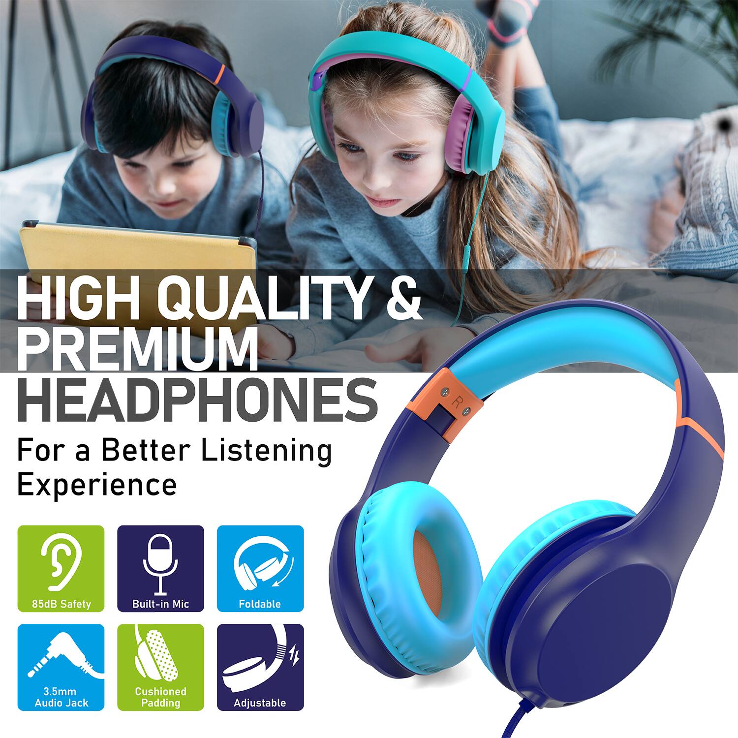 HIGH QUALITY & PREMIUM HEADPHONES For a Better Listening Experience 85dB Safety Built-in Mic Foldable 3.5mm Audio Jack Cushioned Padding Adjustable