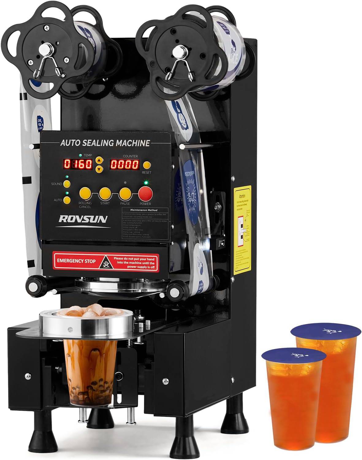 AUTO SEALING MACHINE

TEMP COUNTER
0160 0000

SOUND AUTO ROLLING START PAUSE CANCEL

ROVSUN

EMERGENCY STOP

Please do not put your hand into the machine until the power supply is off.