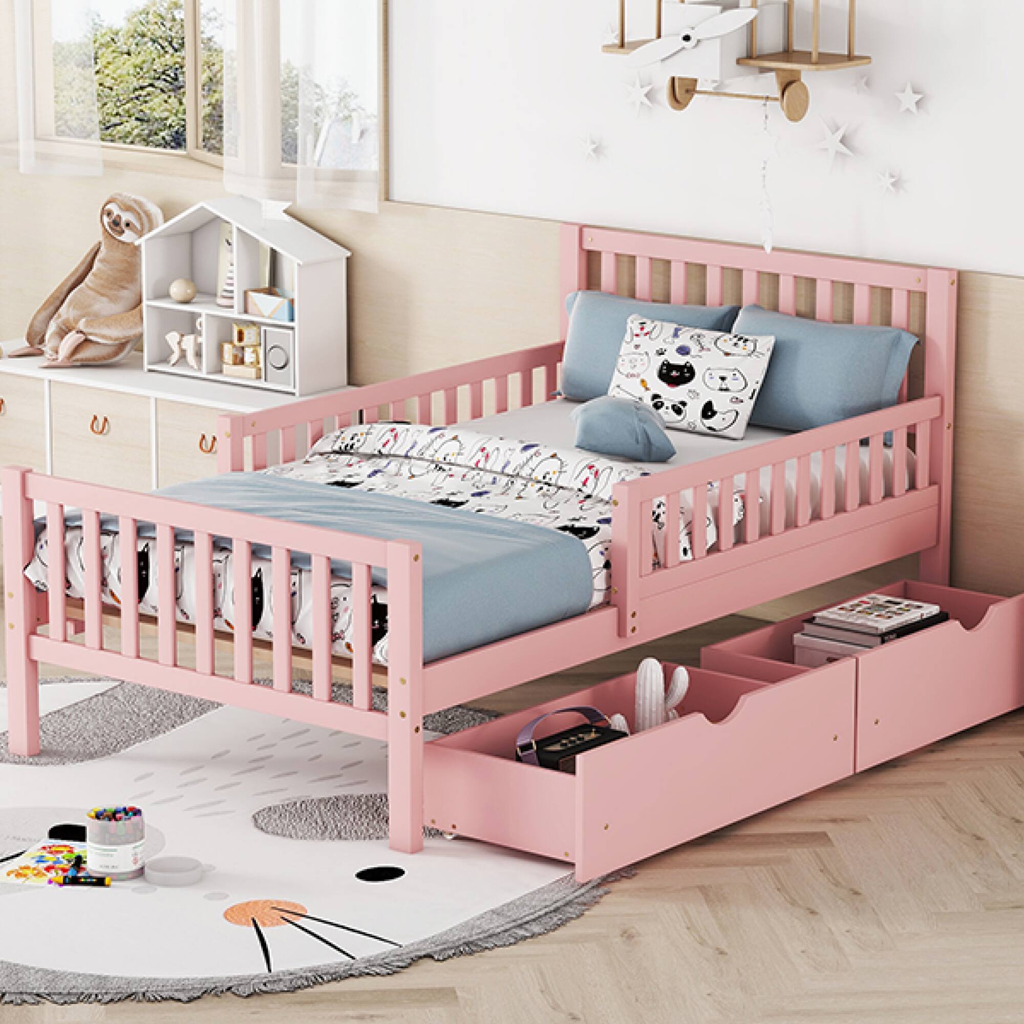 Alt View 7. GOODSILO - Twin Size Wood Platform Bed with Dual Guardrails and Underbed Storage Drawers for Enhanced Safety and Organization - Pink.