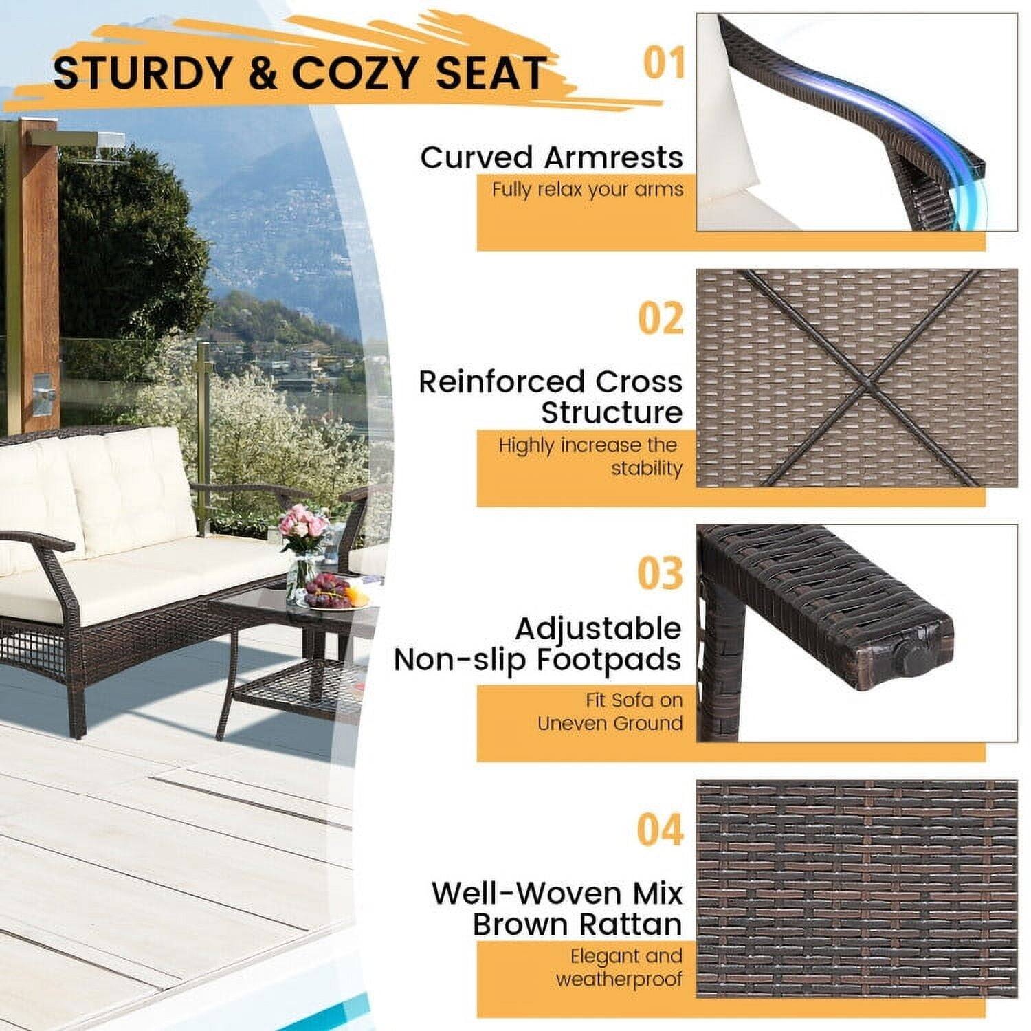 STURDY & COZY SEAT

01 Curved Armrests  
Fully relax your arms

02 Reinforced Cross Structure  
Highly increase the stability

03 Adjustable Non-slip Footpads  
Fit Sofa on Uneven Ground

04 Well-Woven Mix Brown Rattan  
Elegant and weatherproof