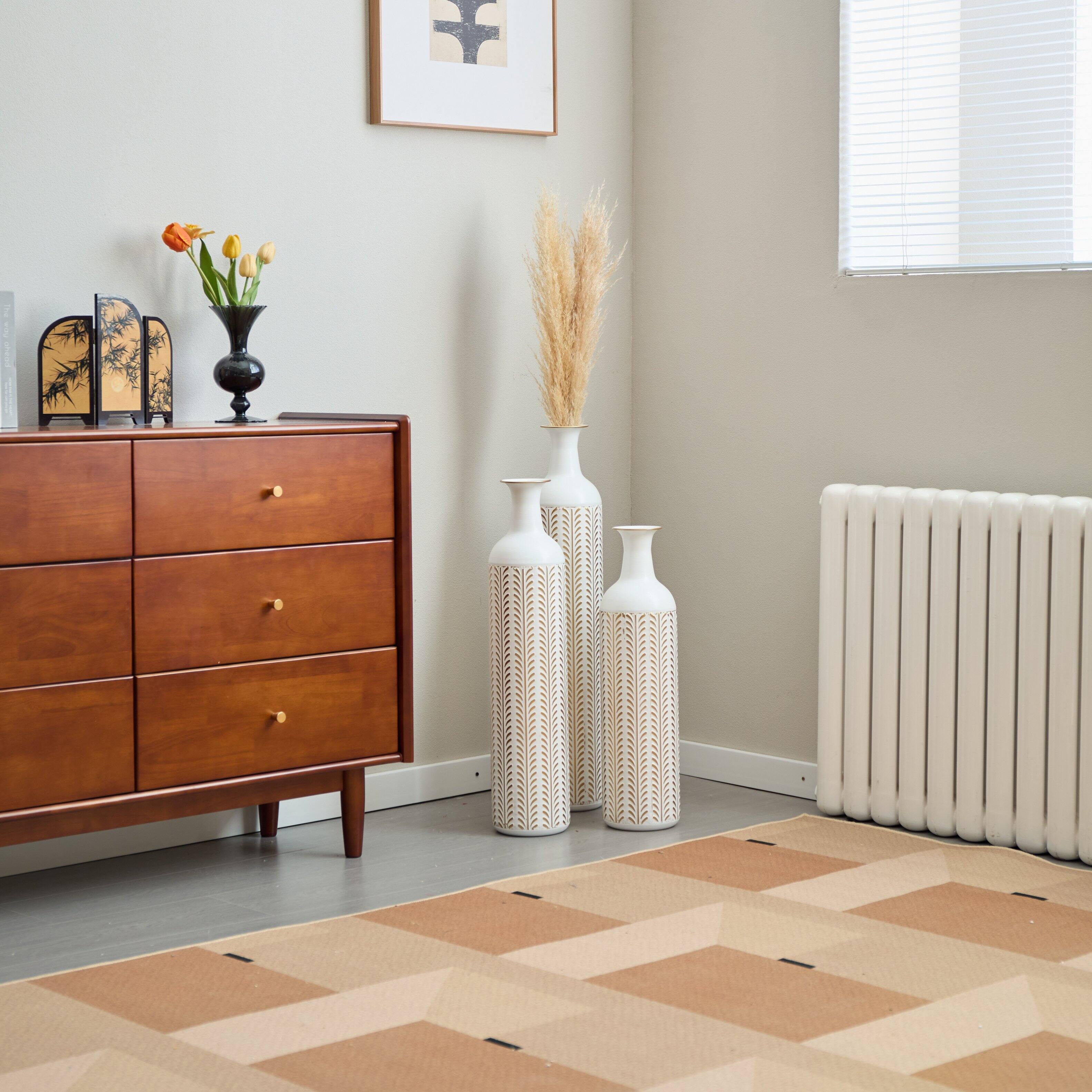 Angle. Anysun - Modern White Metal Floor Vase 3-Piece Set - Glazed Finish for Home Decoration, Large Sizes - White.
