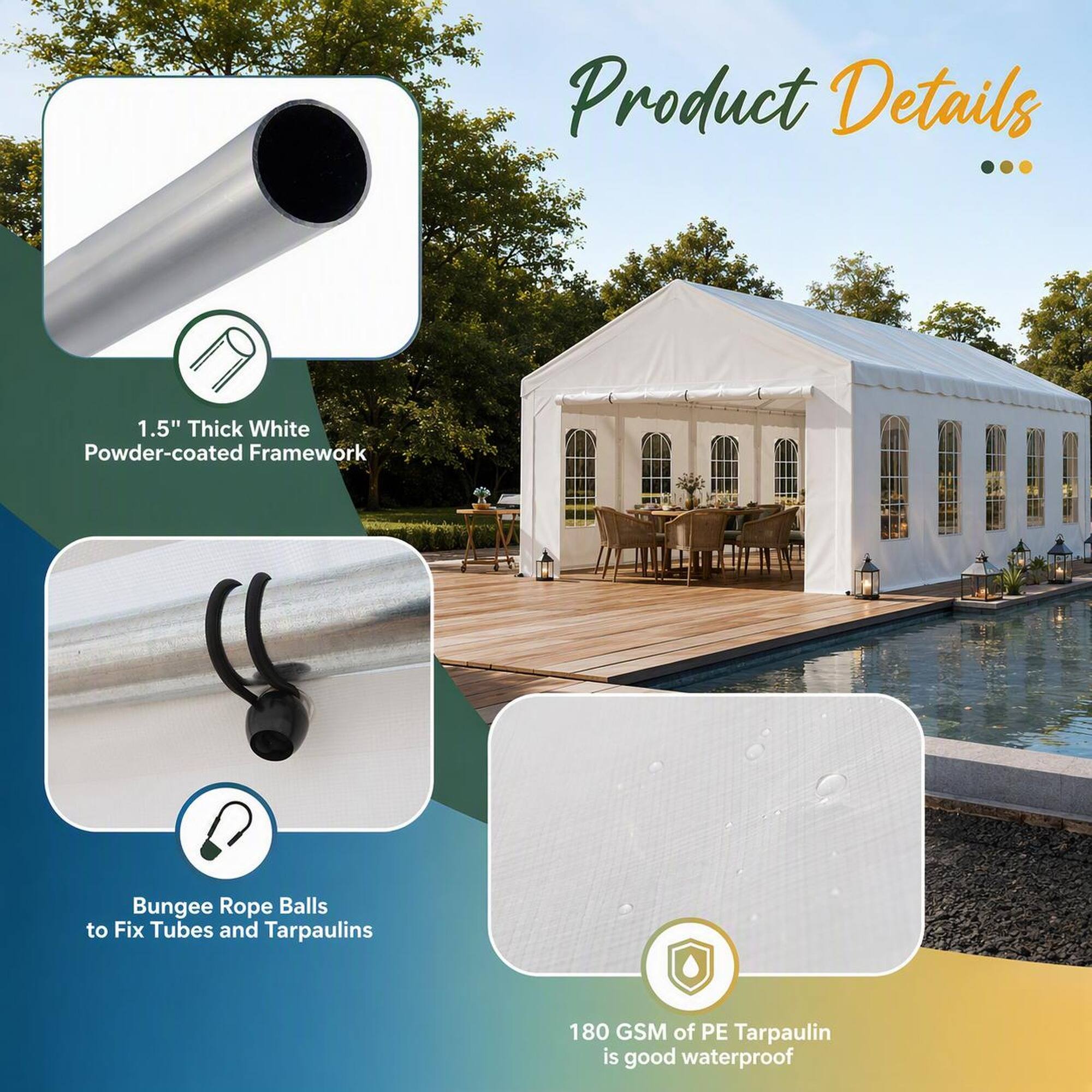 Product Details

1.5" Thick White Powder-coated Framework

Bungee Rope Balls to Fix Tubes and Tarpaulins

180 GSM of PE Tarpaulin is good waterproof