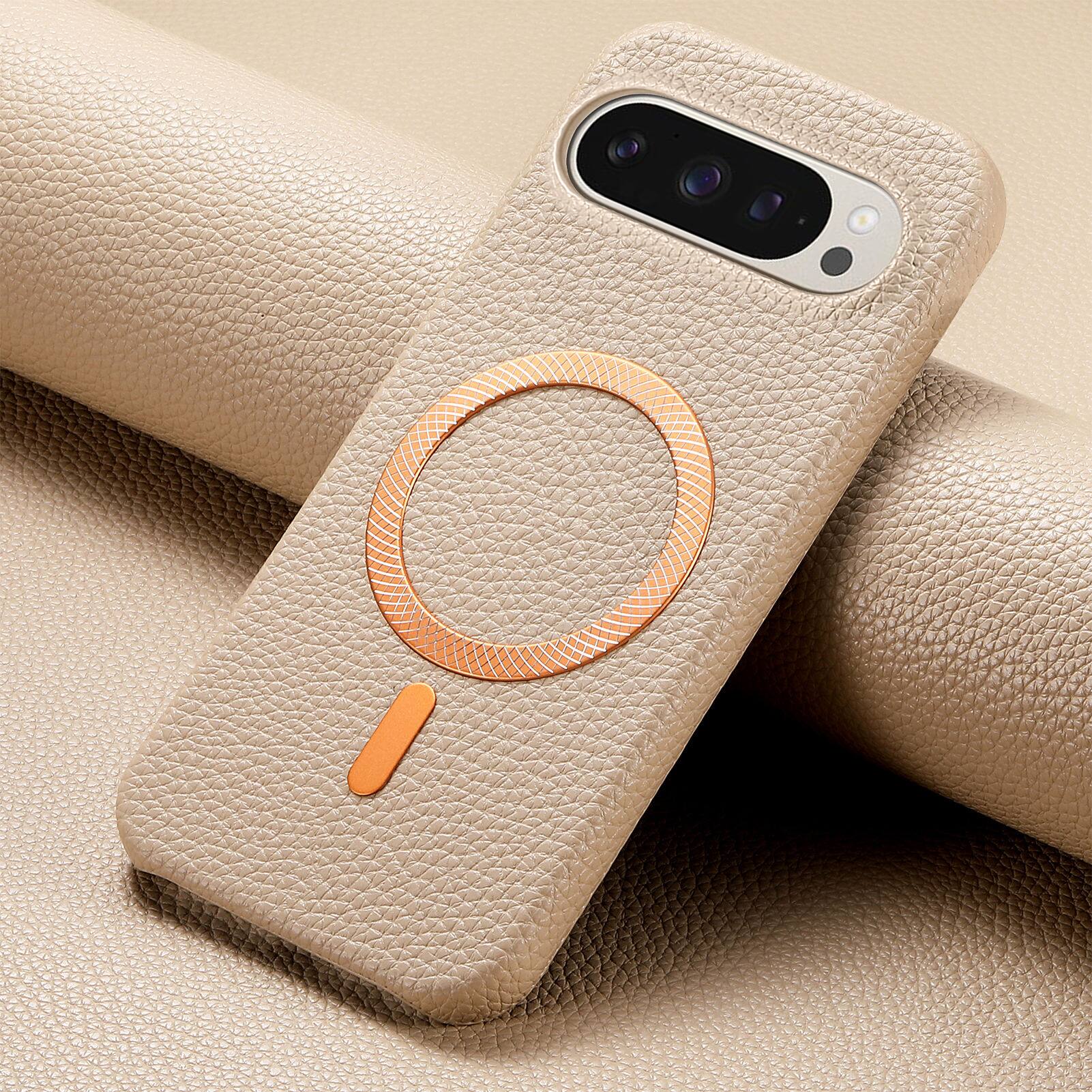 Alt View 3. Dteck - Lychee Texture Case for Google Pixel 10 Pro, Premium PU Leather Magnetic Shockproof Hard PC Cover with Raised Edges - Khaki.