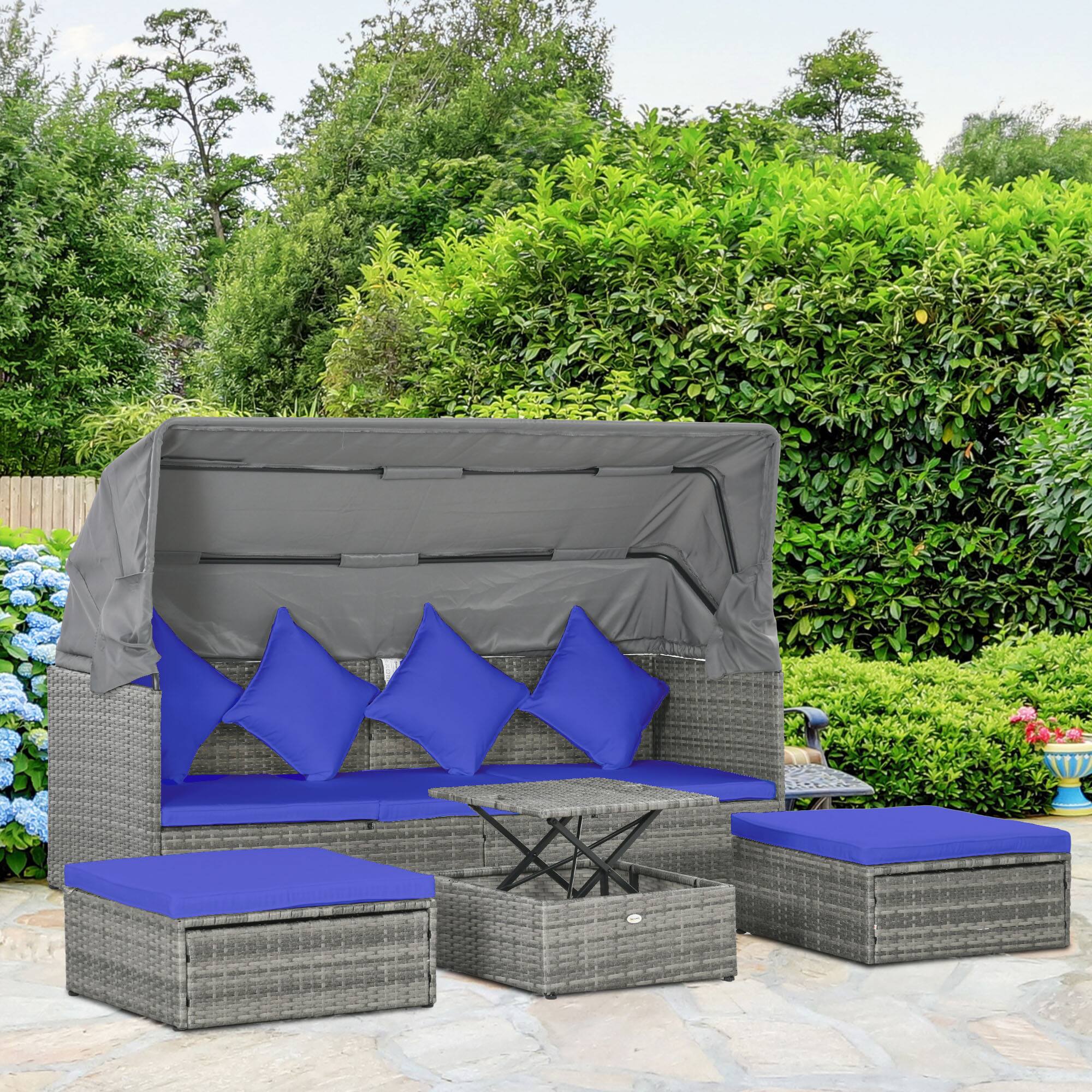 Alt View 1. Outsunny - 4 Piece Patio Furniture Set with Cushions, PE Rattan Daybed with Retractable Canopy, Outdoor Sectional Sofa Set - Dark Blue.