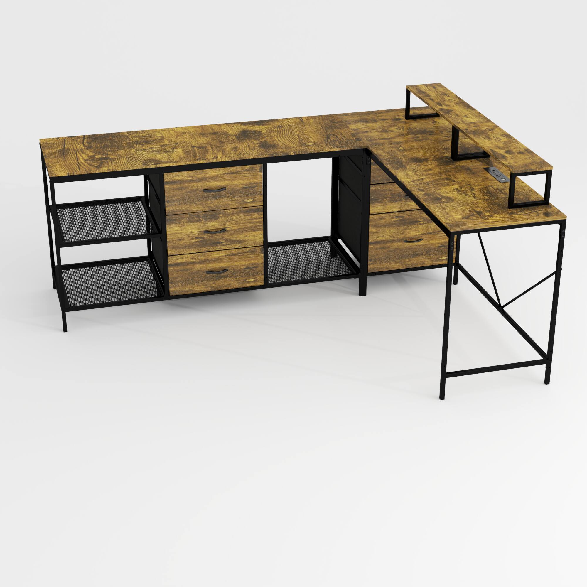 Back. GOODSILO - Large L-Shaped Office Desk with Power Outlets and Ample Storage for Home Office and Gaming Setup - Brown.