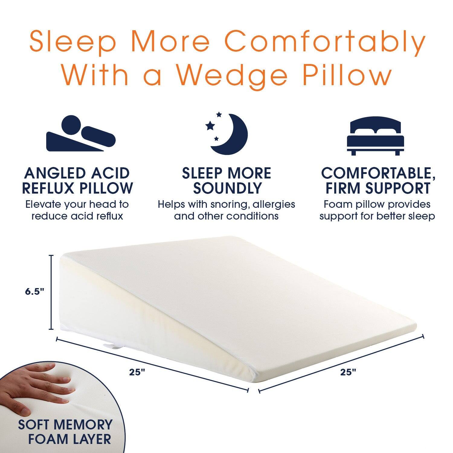 Sleep More Comfortably With a Wedge Pillow

ANGLED ACID REFLUX PILLOW
Elevate your head to reduce acid reflux

SLEEP MORE SOUNDLY
Helps with snoring, allergies and other conditions

COMFORTABLE, FIRM SUPPORT
Foam pillow provides support for better sleep

6.5"
25"
25"

SOFT MEMORY FOAM LAYER