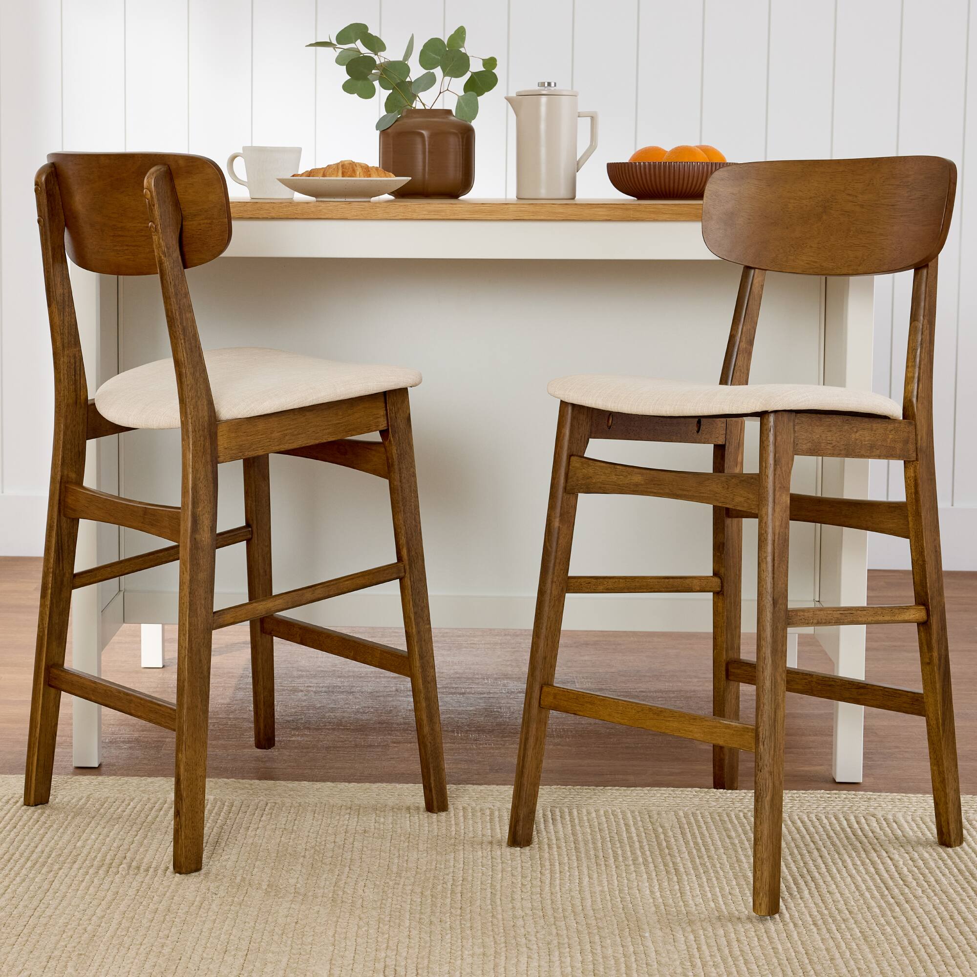 Alt View 2. Best Choice Products - Best Choice Products 2-Piece Farmhouse Counter Height Bar Stool Set w/ Cushioned Seat, Wooden Backrest  Walnut/Cream - Walnut Cream.