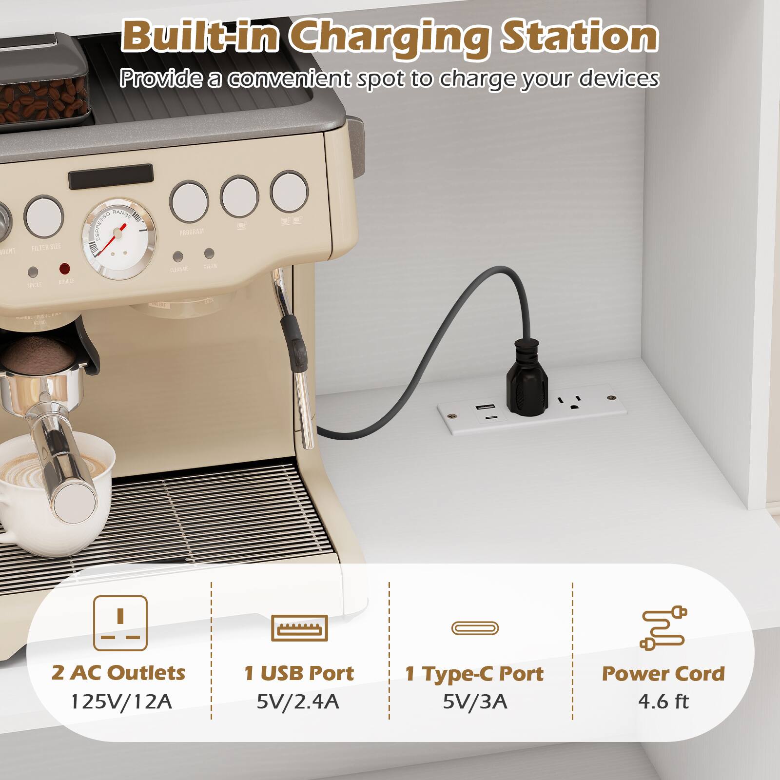 Built-in Charging Station  
Provide a convenient spot to charge your devices  

2 AC Outlets  
125V/12A  

1 USB Port  
5V/2.4A  

1 Type-C Port  
5V/3A  

Power Cord  
4.6 ft