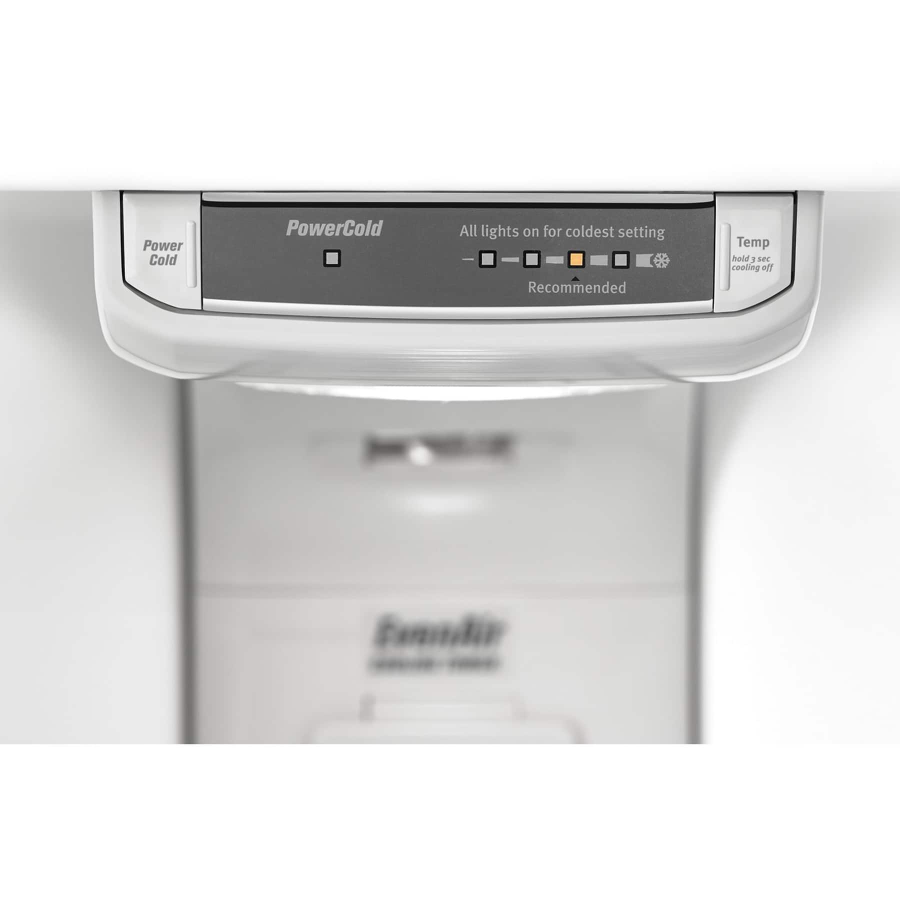 The text on the image is:
Power Cold PowerCold All lights on for coldest setting Recommended Temp hold I sec cooling eff Fanndic.