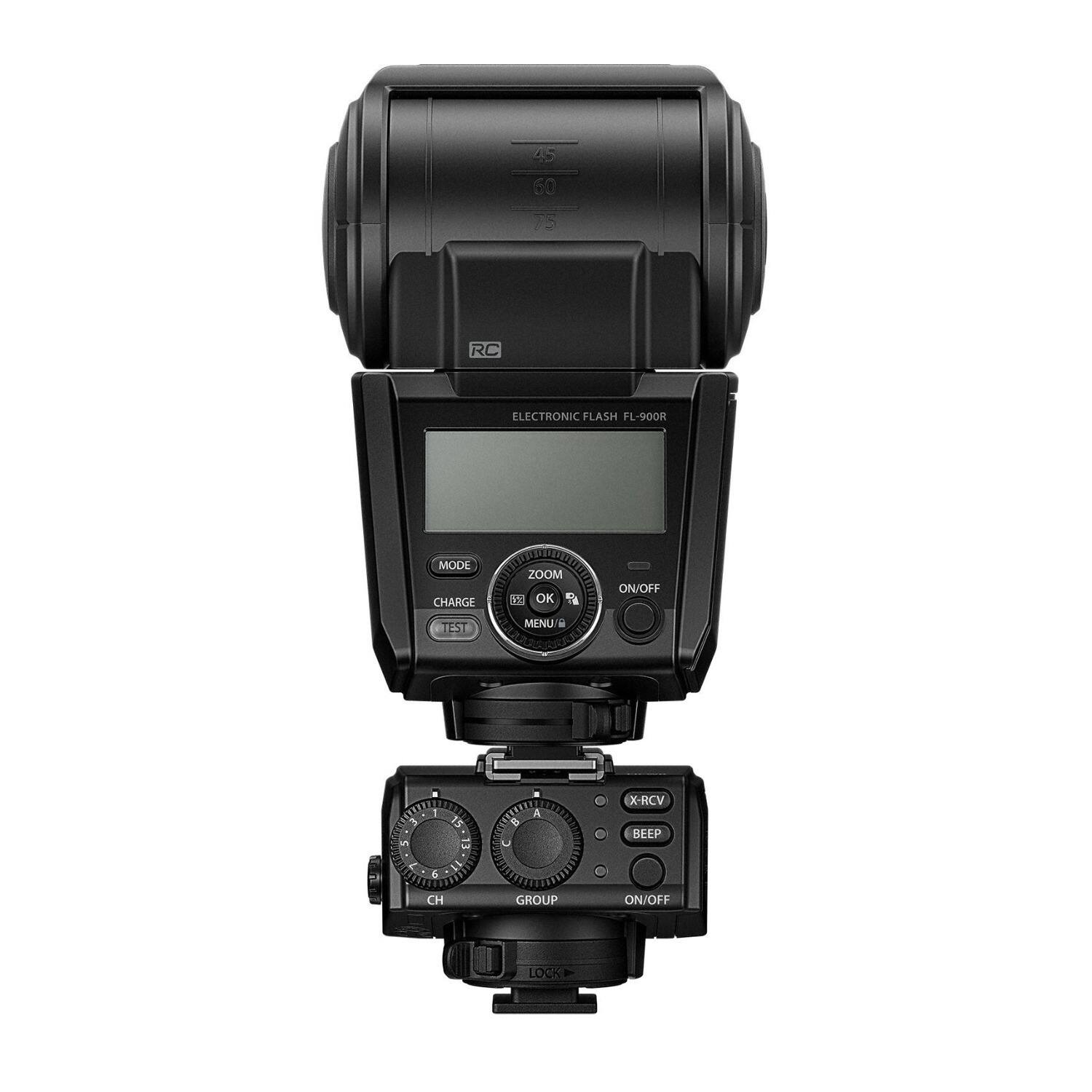 45 60 75 RC ELECTRONIC FLASH FL-900R UTON MODL HCRABE SA ZOOM CHARGE 5 OK 9 DDEOLIUN MENU W 127 ON/OFF 1 m 15 a 3 = 5I1 d W41LO CH ERUATTD 0 A  GROUP X-RCV BELP ON/OFF LOCK