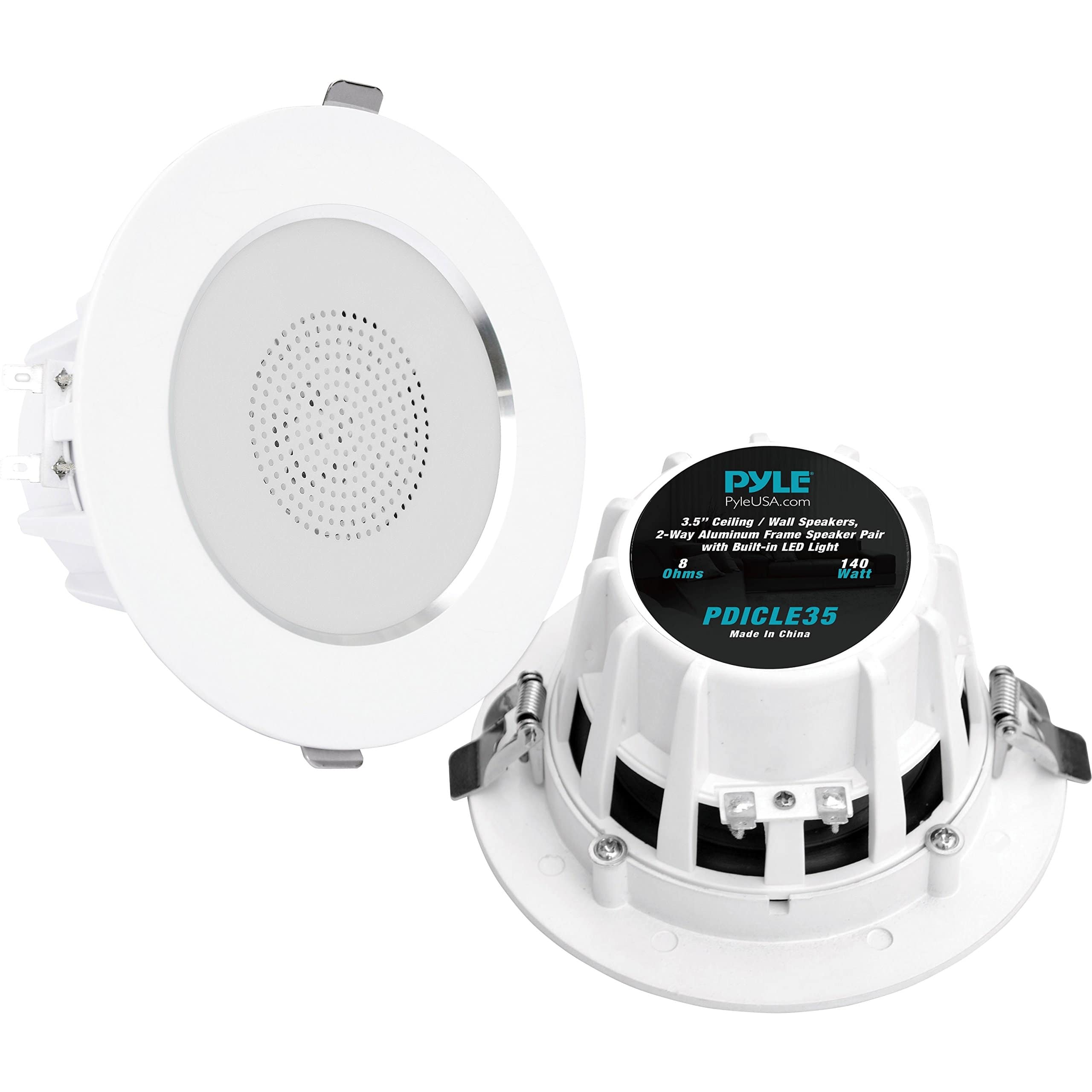 Pyle - Dual 3.5-Inch Speaker System – 140W Max, LED Lights, Aluminum Frame, Wall/Ceiling Mount - White