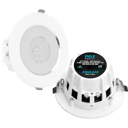 PYLE PyleUSA.com 3.5" Ceiling / Wall Speakers, 2-Way Aluminum Frame Speaker Pair with Built-in LED Light, 8 Ohms, 140 Watts, PDICLE35, Made in China