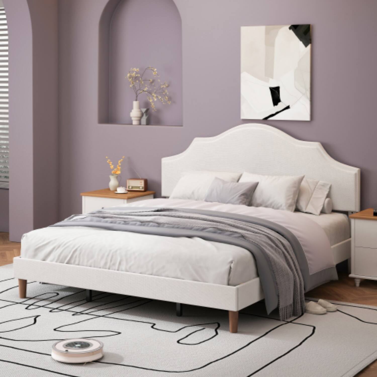 Angle. LUCKY ONE - King Size Platform Bed with Adjustable Headboard - No Box Spring Needed, 1000 lbs Cap - White.