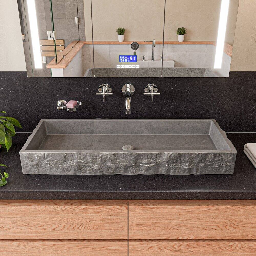 Left. Alfi - 39" Solid Concrete Gray Matte Trough Sink for the Bathroom - Gray.