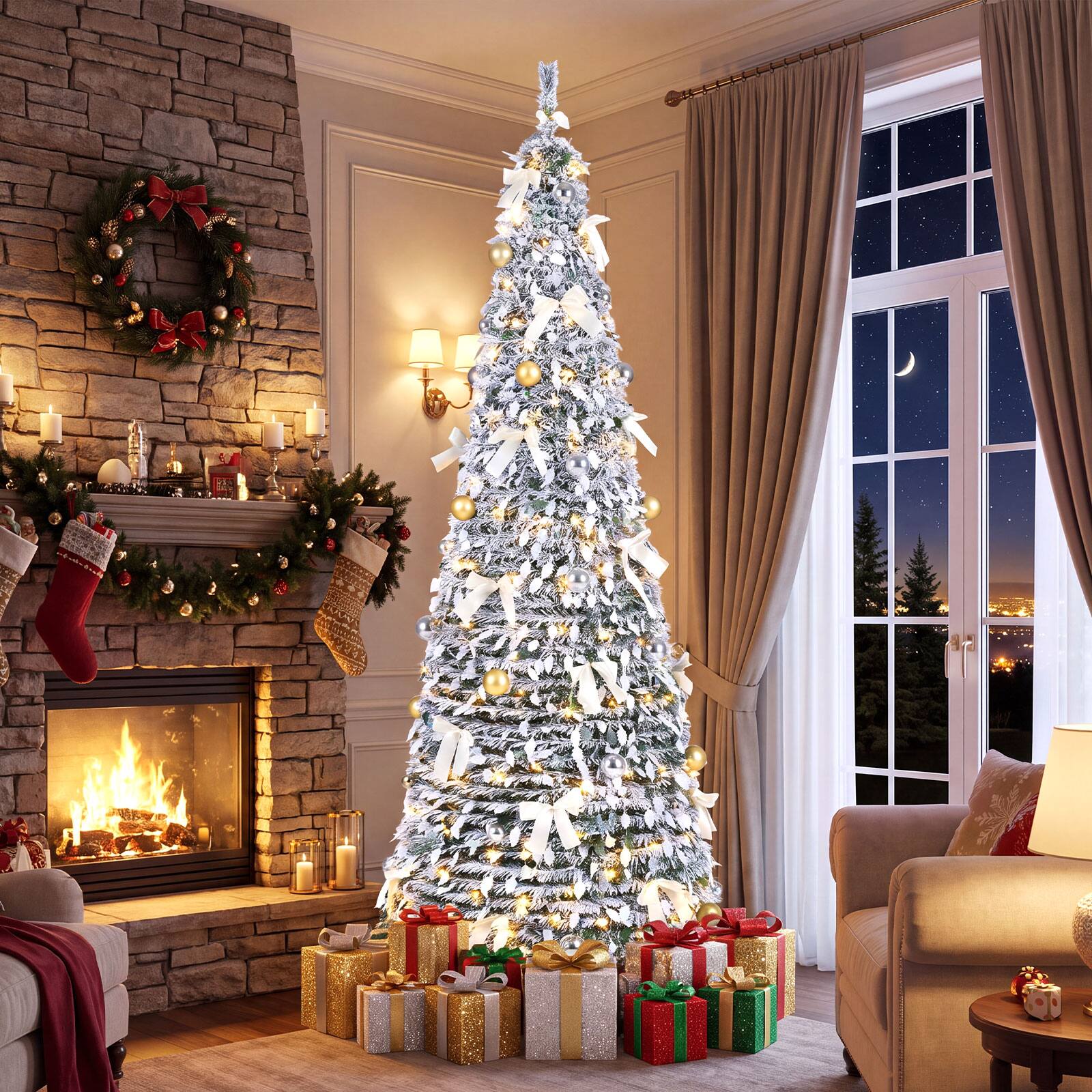 Alt View 3. Costway - Costway 7 ft Pop Up Flocked Christmas Tree with 30 Christmas Bows, 50 Balls, 180 LED Lights - Green & White.
