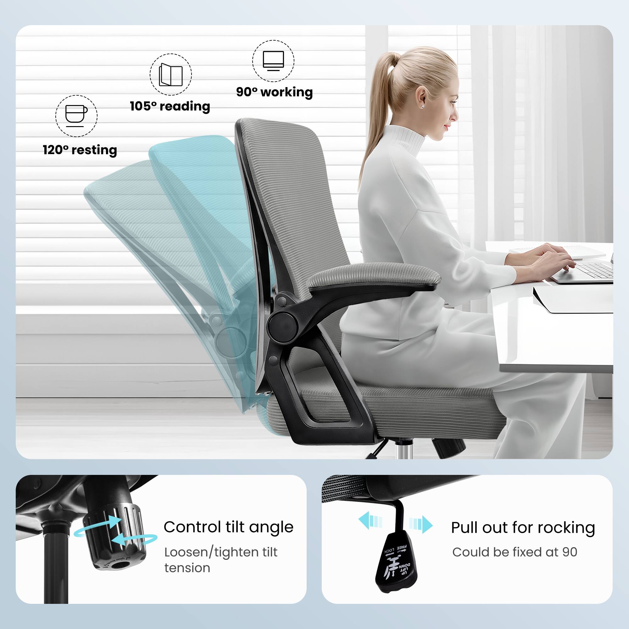 105° reading  
90° working  
120° resting  

Control tilt angle  
Loosen/tighten tilt tension  

Pull out for rocking  
Could be fixed at 90