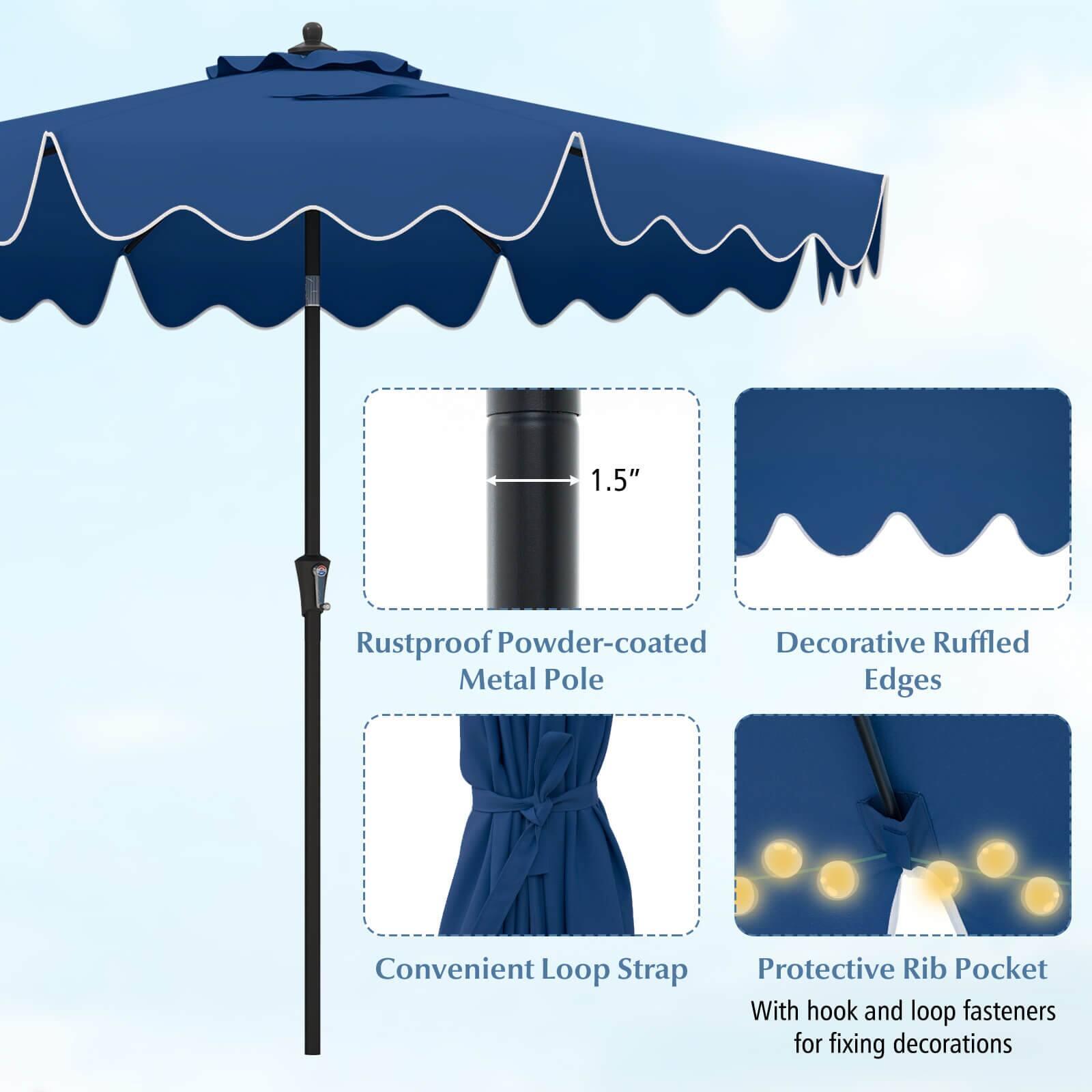 1.5"  
Rustproof Powder-coated Decorative Ruffled Metal Pole Edges  
Convenient Loop Strap  
Protective Rib Pocket With hook and loop fasteners for fixing decorations