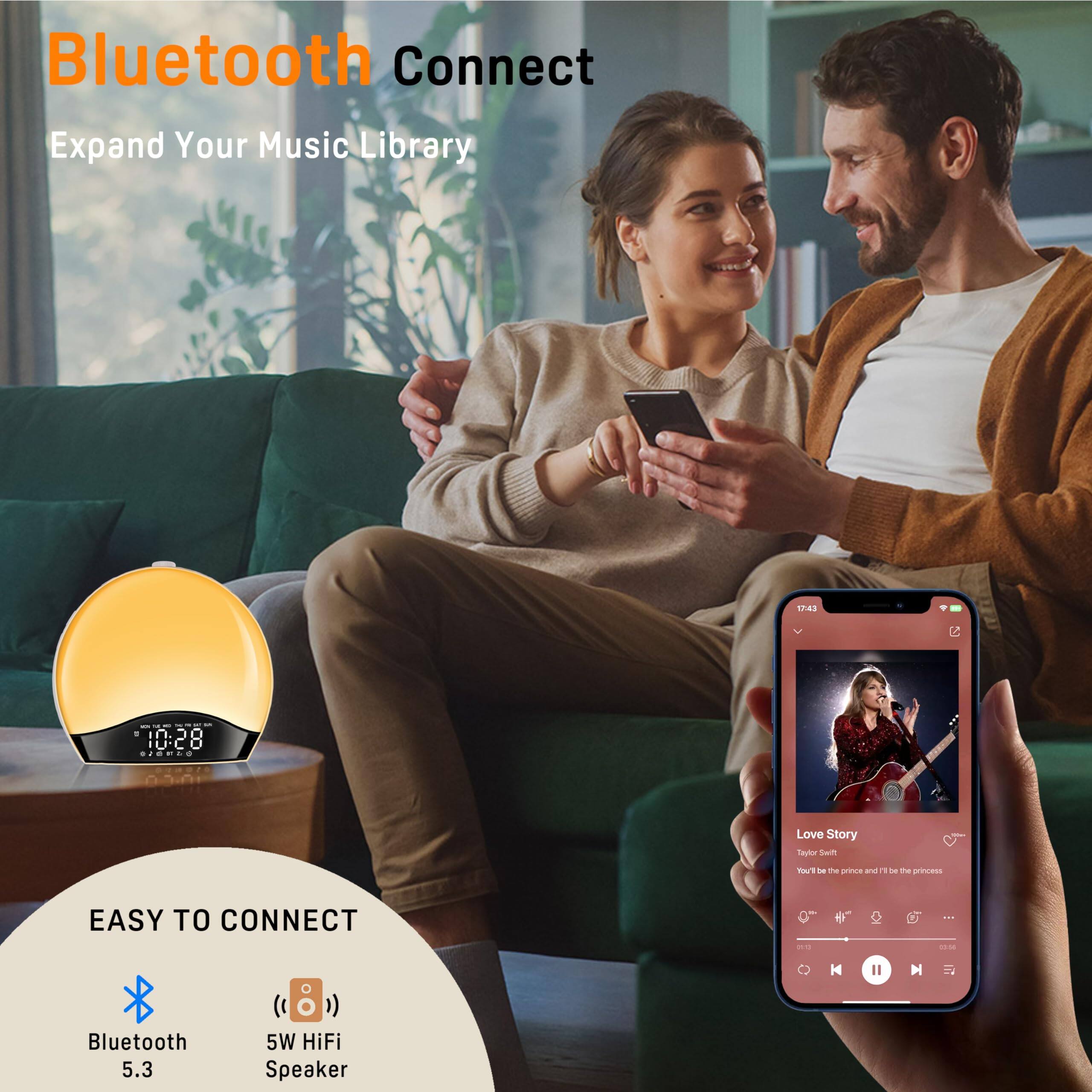 Bluetooth Connect  
Expand Your Music Library  

EASY TO CONNECT  
Bluetooth 5.3  
5W HiFi Speaker  

Love Story  
Taylor Swift  
You'll be the prince and I'll be the princess