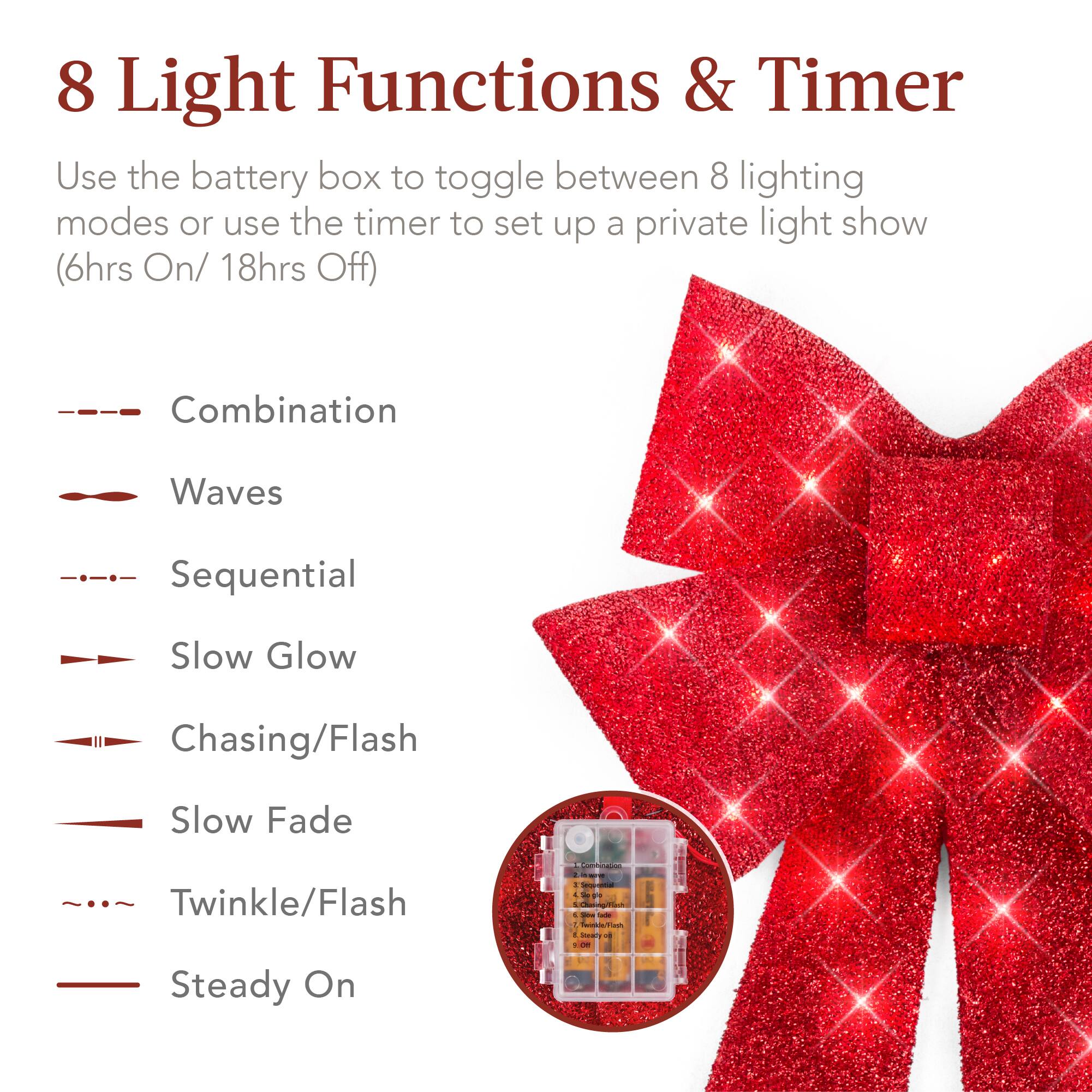 8 Light Functions & Timer

Use the battery box to toggle between 8 lighting modes or use the timer to set up a private light show (6hrs On/ 18hrs Off)

- Combination
- Waves
- Sequential
- Slow Glow
- Chasing/Flash
- Slow Fade
- Twinkle/Flash
- Steady On