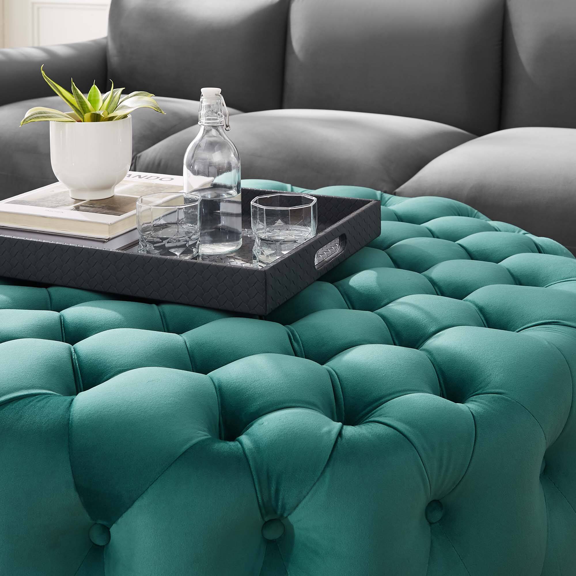 Left. Modway - Amour Tufted Button Large Round Performance Velvet Ottoman by Modway - EEI-5469-TEA.