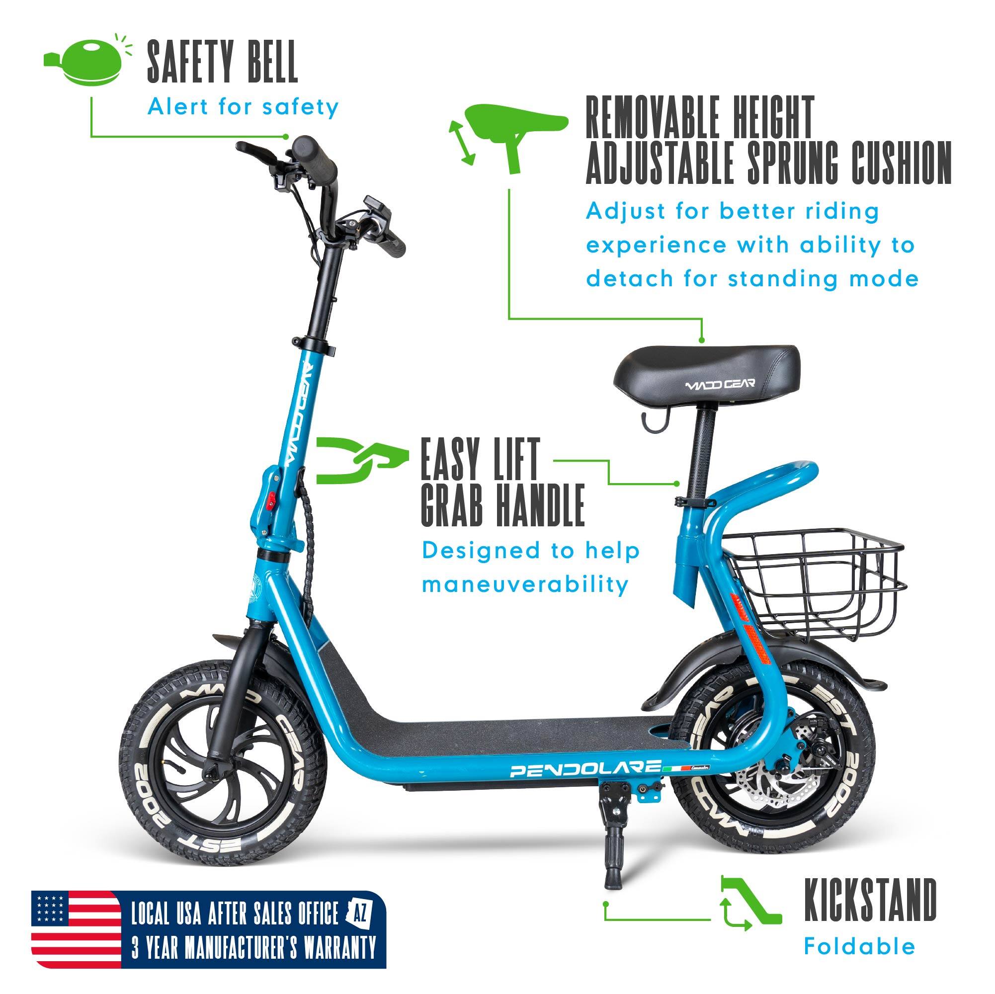 SAFETY BELL  
Alert for safety  

REMOVABLE HEIGHT ADJUSTABLE SPRUNG CUSHION  
Adjust for better riding experience with ability to detach for standing mode  

EASY LIFT GRAB HANDLE  
Designed to help maneuverability  

LOCAL USA AFTER SALES OFFICE  
3 YEAR MANUFACTURER'S WARRANTY  

KICKSTAND  
Foldable