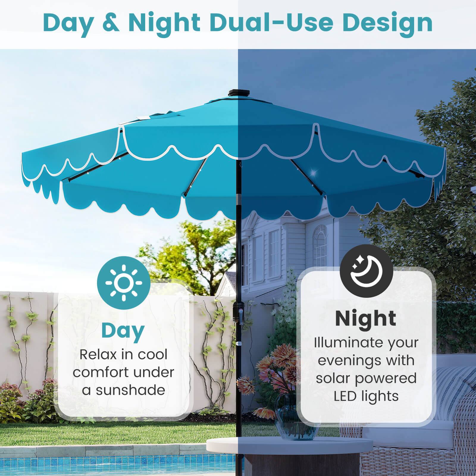 Day & Night Dual-Use Design:
Day: Relax in cool comfort under a sunshade.
Night: Illuminate your evenings with solar powered LED lights.