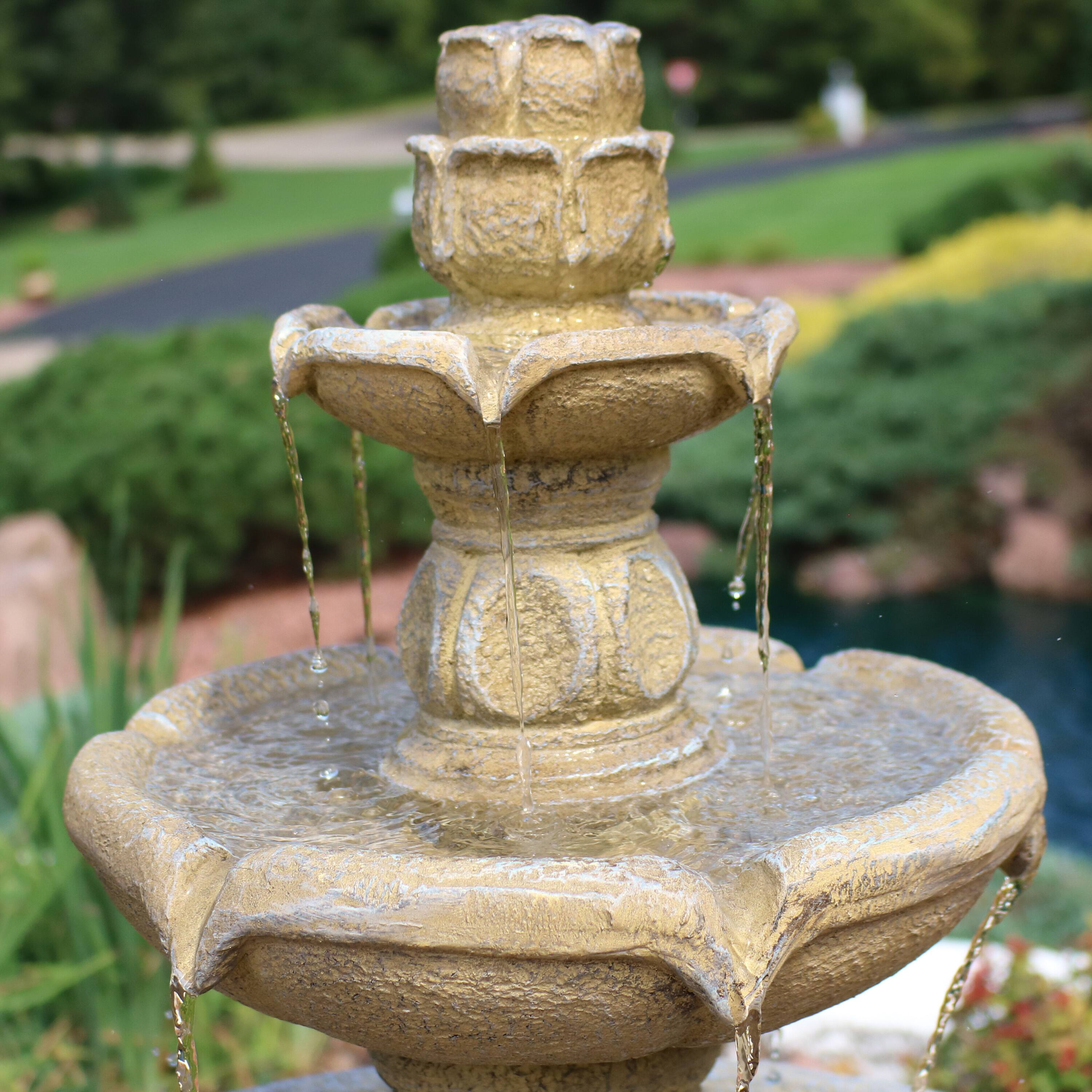 Alt View 10. Sunnydaze - Birds' Delight Fiberglass Outdoor 3-Tier Water Fountain - Light Brown.