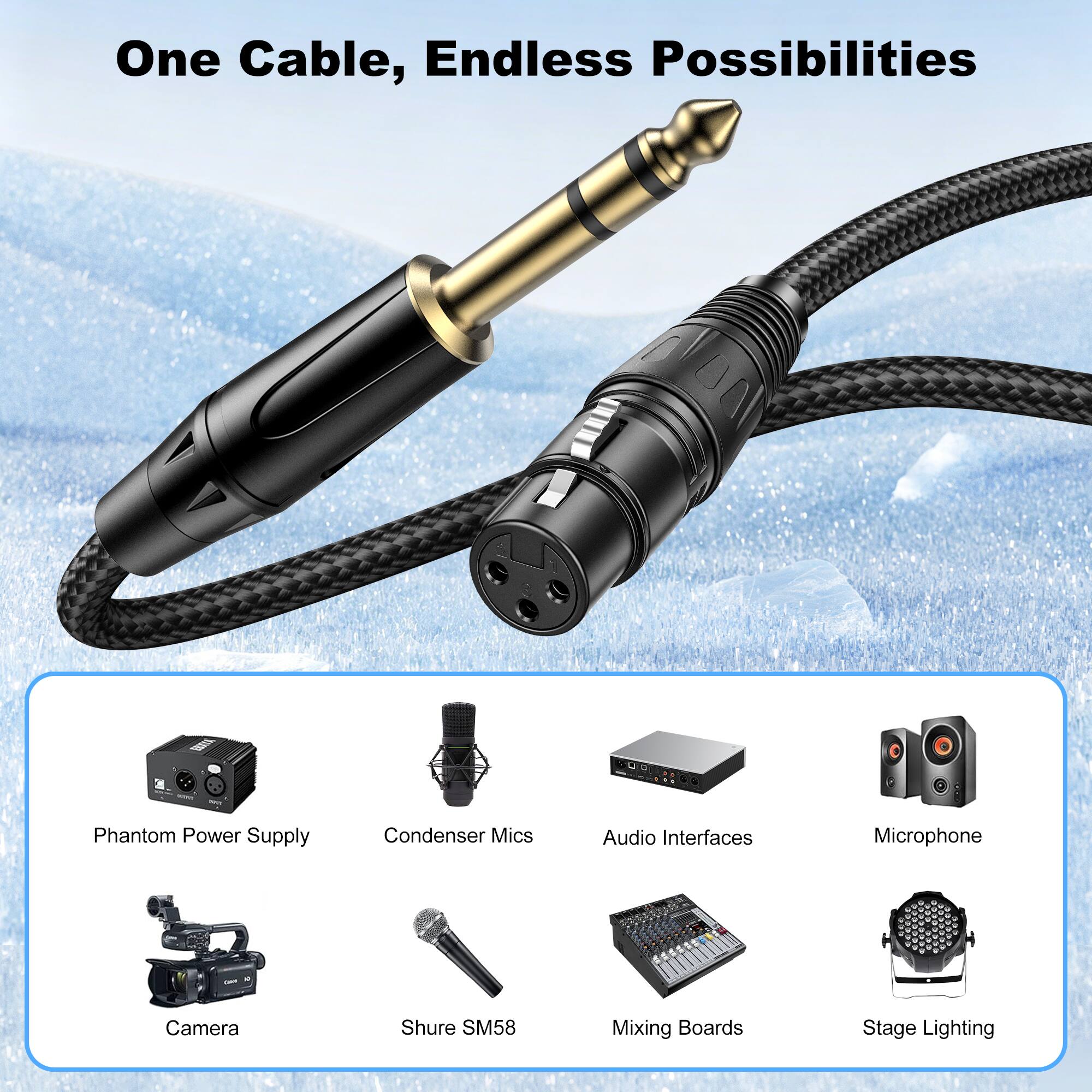 One Cable, Endless Possibilities

ERXYA

NOW

Phantom Power Supply
Condenser Mics
Audio Interfaces
Microphone
Camera
Shure SM58
Mixing Boards
Stage Lighting