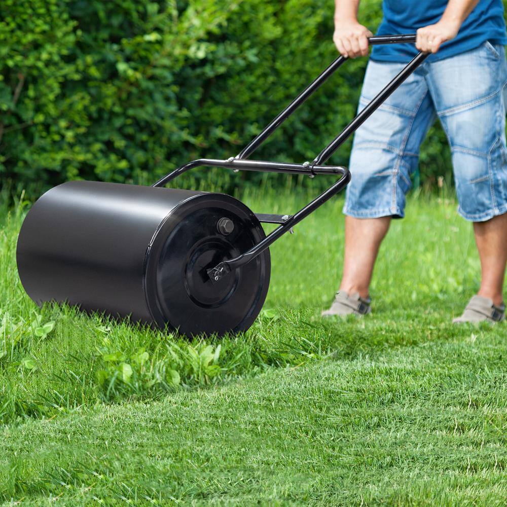 Left. Winado - 43 in Lawn Roller Cylindrical Garden Yard Roller Filled with Water Steel Black.