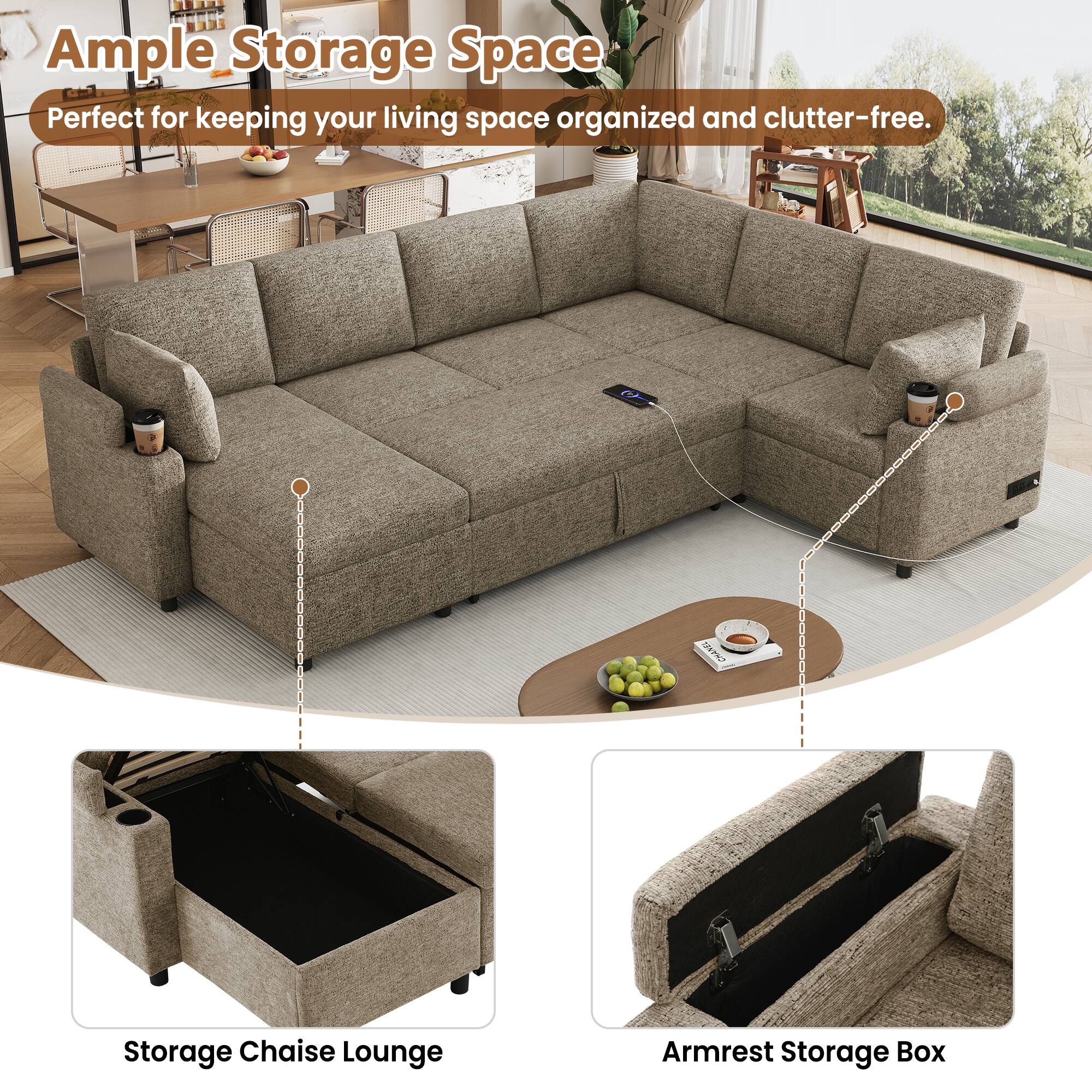 Ample Storage Space  
Perfect for keeping your living space organized and clutter-free.  

TWIN Storage Chaise Lounge  
Armrest Storage Box