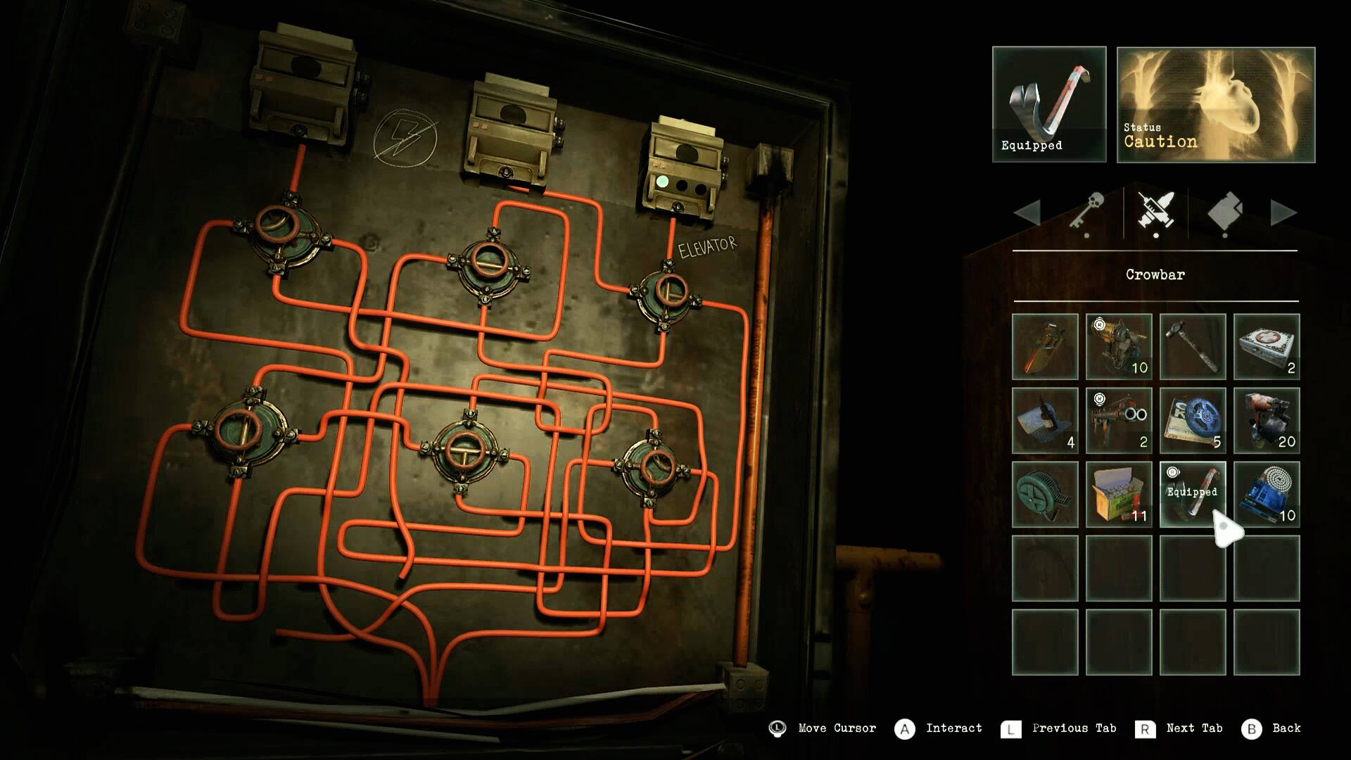 H Equipped Statue Caution ELEVATOR Crowbar 10 2 4 2 5 20 11 Equipped 10 Move Cursor A Interact L Previous Tab R Next Tab B Back