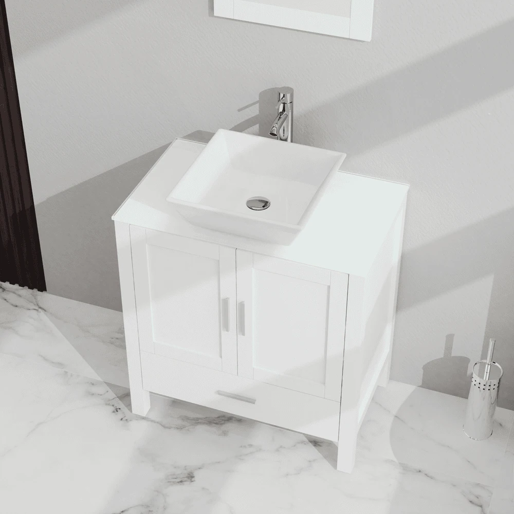 Front. Kadyn - 30" Bathroom Vanity and Sink Combo - Glass Top Cabinet with Mirror, White - White.