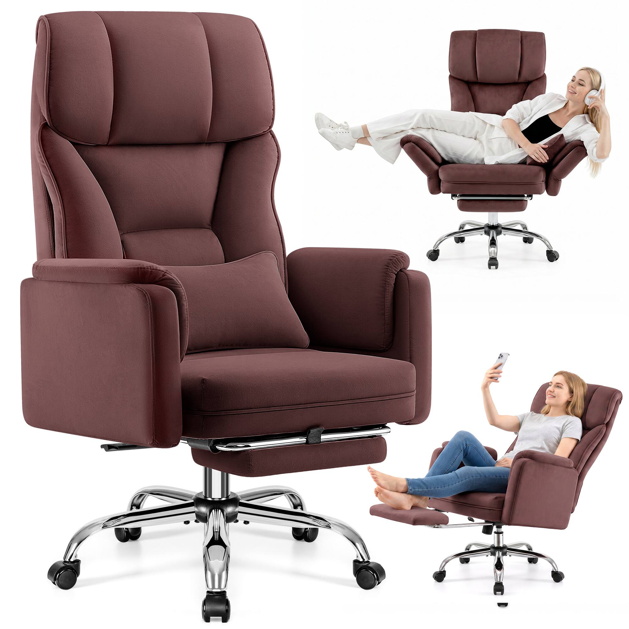 Angle. Brick Attic - 500LBS Ergonomic Velvet Office Chair with Footrest,Wide Cross Legged Executive Chair with Flip-Up Arms, 120°Tilt - Red.