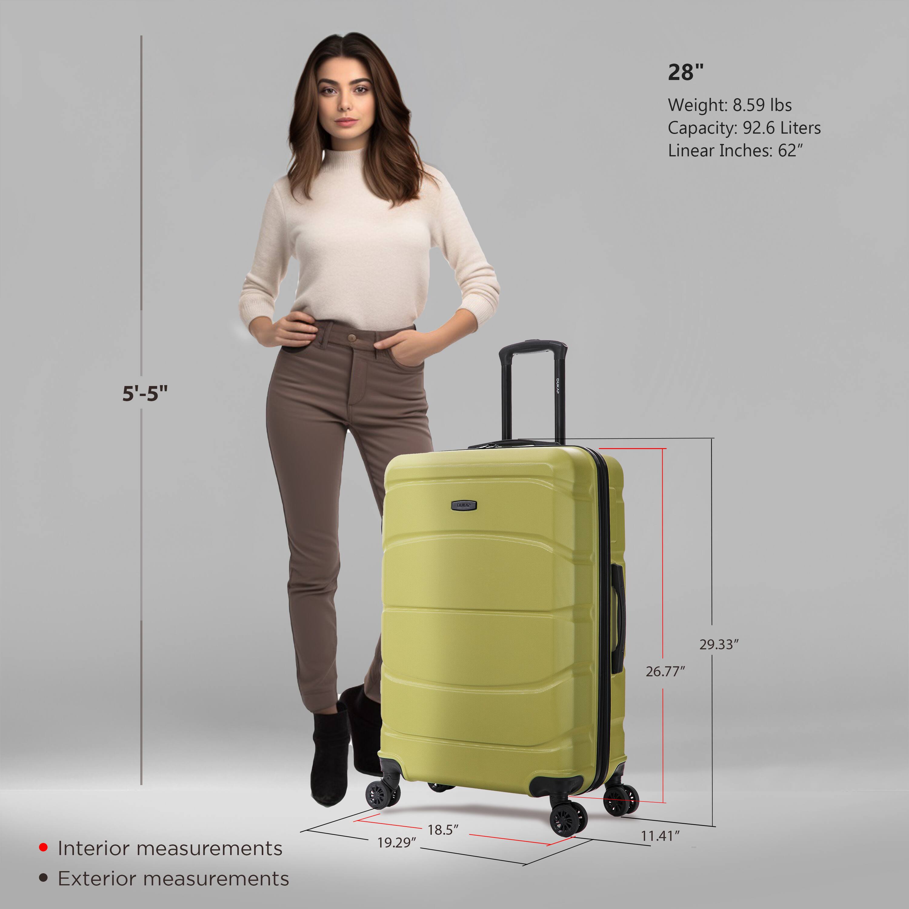 - Height: 28"
- Weight: 8.59 lbs
- Capacity: 92.6 Liters
- Linear Inches: 62"

- Interior measurements:
  - Height: 26.77"
  - Width: 19.29"
  - Depth: 11.41"

- Exterior measurements:
  - Height: 29.33"
  - Width: 18.5"
  - Depth: 18.5"

- Reference height: 5'-5"