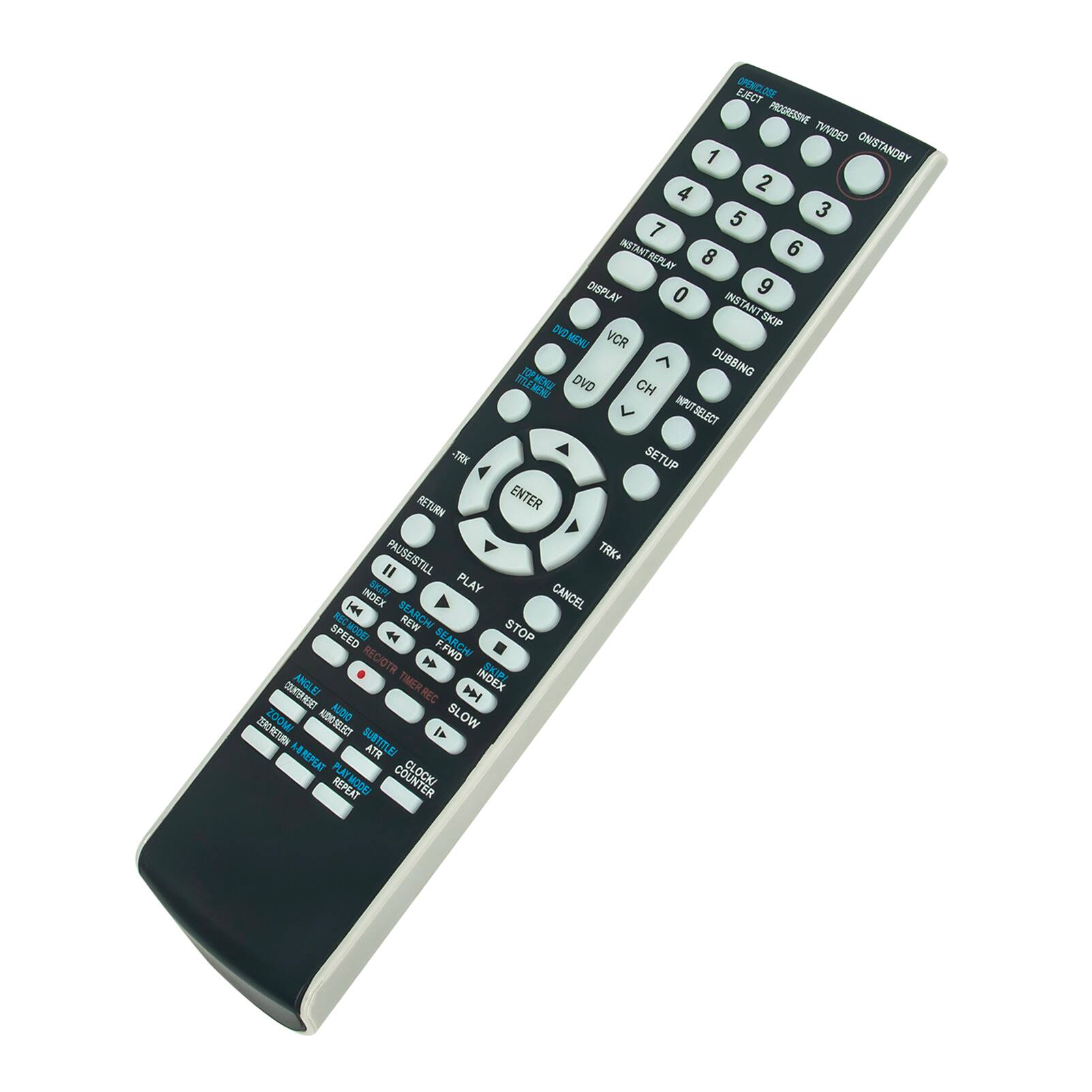 Sure, here is the corrected and grouped text from the image:

---

**Top Section:**
- SELECT
- PROGRESSIVE
- TV/VIDEO
- ON/STANDBY

**Number Pad:**
- 1
- 2
- 3
- 4
- 5
- 6
- 7
- 8
- 9
- 0

**Instant Replay:**
- INSTANT REPLAY

**Display:**
- DISPLAY

**Instant Skip:**
- INSTANT SKIP

**Menu:**
- MENU

**VCR:**
- VCR

**DUBBING:**
- DUBBING

**DVR:**
- DVR

**CH:**
- CH

**Input Select:**
- INPUT SELECT

**Setup:**
- SETUP

**Return:**
- RETURN

**Enter:**
- ENTER

**Pause/Still:**
- PAUSE/STILL

**Trk+:**
- TRK+

**Trk-:**
- TRK-

**Play:**
- PLAY

**Stop:**
- STOP

**Search:**
- SEARCH

**Speed:**
- SPEED

**Rec:**
- REC

**F.FWD:**
- F.FWD

**REW:**
- REW

**Index:**
- INDEX

**Cancel:**
- CANCEL

**Search:**
- SEARCH

**Angle:**
- ANGLE

**Zoom:**
- ZOOM

**Subtitle:**
- SUBTITLE

**Repeat:**
- REPEAT

**Clock/Timer:**
- CLOCK/TIMER

**Audio:**
- AUDIO

**Slow:**
- SLOW

**Subtitle:**
- SUBTITLE

**Repeat:**
- REPEAT

**Mode:**
- MODE

**Angle:**
- ANGLE

**Zoom:**
- ZOOM

**Subtitle:**
- SUBTITLE

**Repeat:**
- REPEAT

**Clock/Timer:**
- CLOCK/TIMER

**Audio:**
- AUDIO

**Slow:**
- SLOW

**Subtitle:**
- SUBTITLE

**Repeat:**
- REPEAT

**Mode:**
- MODE

**Angle:**
- ANGLE

**Zoom:**
- ZOOM

**Subtitle:**
- SUBTITLE

**Repeat:**
- REPEAT

**Clock/Timer:**
- CLOCK/TIMER

**Audio:**
- AUDIO

**Slow:**
-