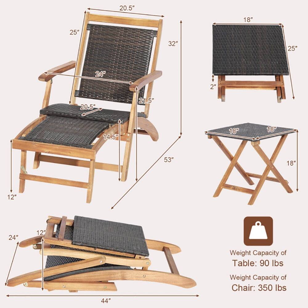 20.5" 18" 25" 32" 25" 24" 2" 20.5" 21.5" 14.5" 18" 53" 18" 12" 24" 12" 44"  
Weight Capacity of Table: 90 lbs  
Weight Capacity of Chair: 350 lbs