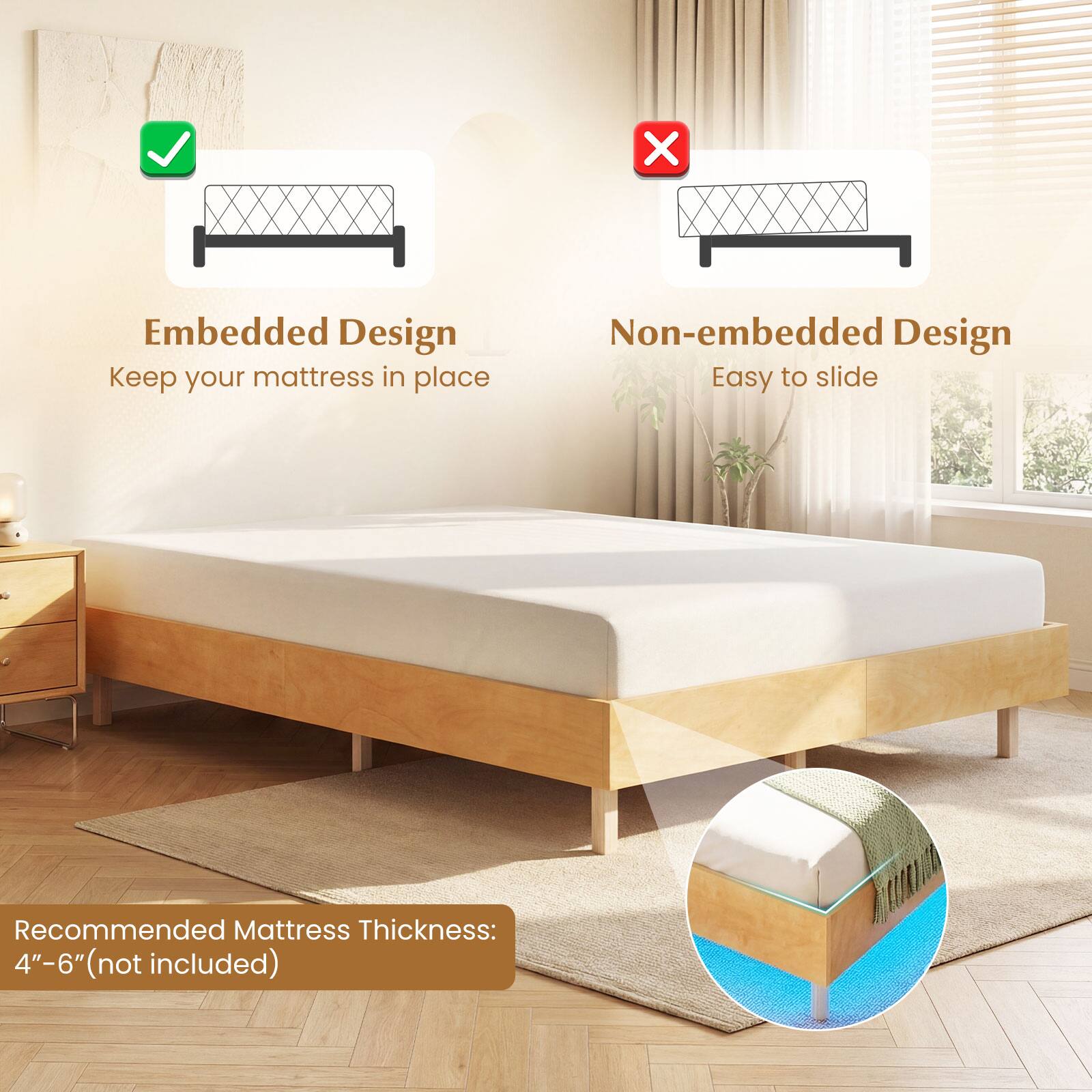 Embedded Design  
Keep your mattress in place  

Non-embedded Design  
Easy to slide  

Recommended Mattress Thickness:  
4"–6" (not included)